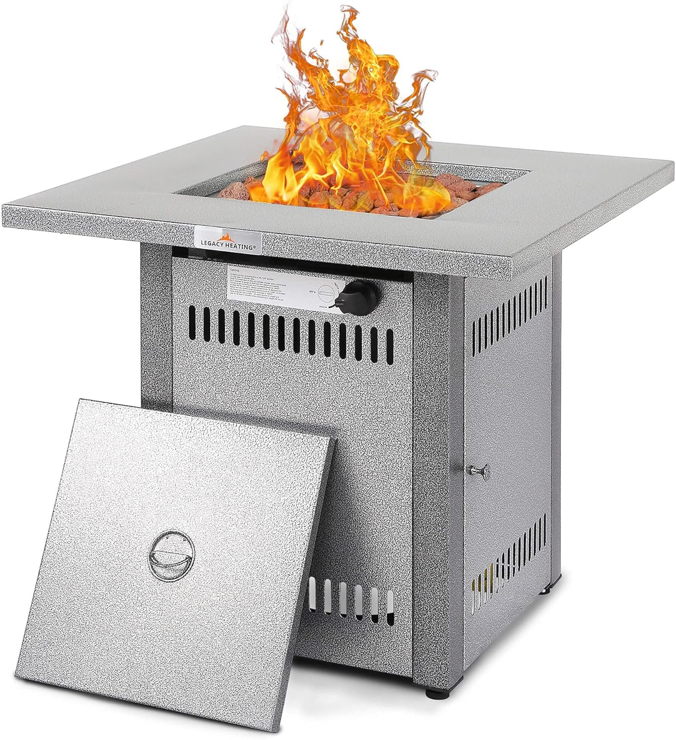 28 Inches 50,000 Btu Outdoor Propane Fire Pit Table with Lid Lava Rocks – 2-in-1 Silver Patio Heater Dining Table for Courtyard, Balcony, Deck