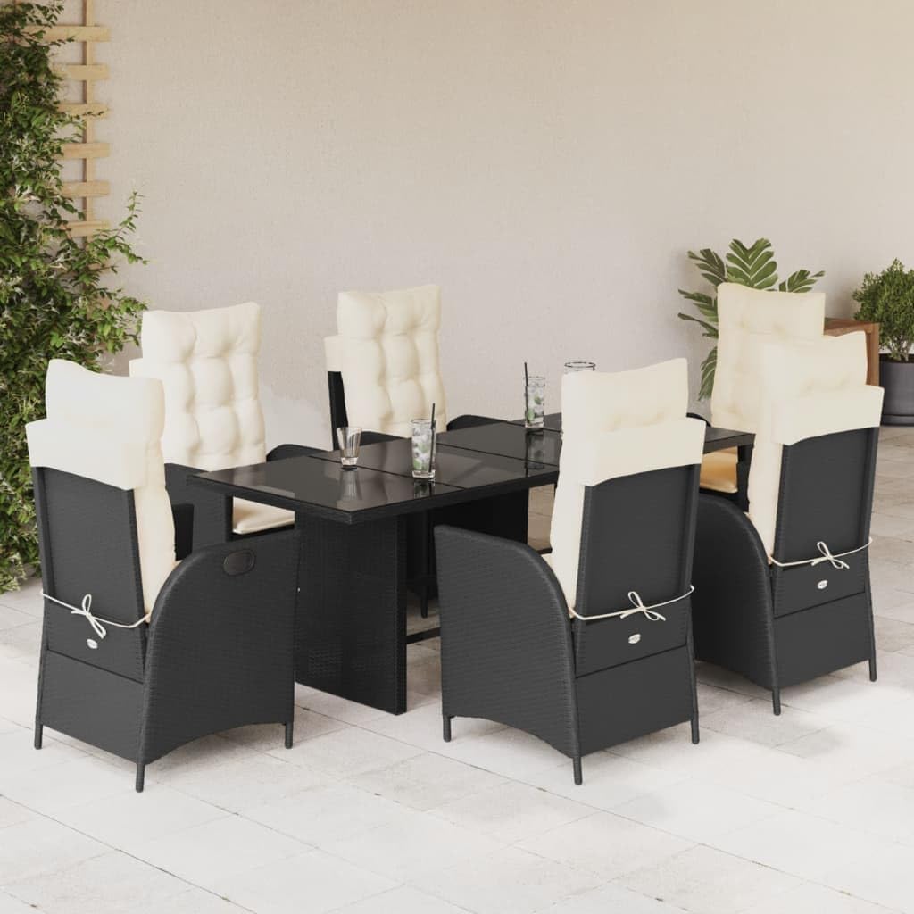 7 Piece Patio Dining Set with Cushions Black Poly Rattan,Adjustable & Reclining Garden Dining Set for Outdoor Relaxation and Dining Furniture Sets for Patio, Lawn & Garden