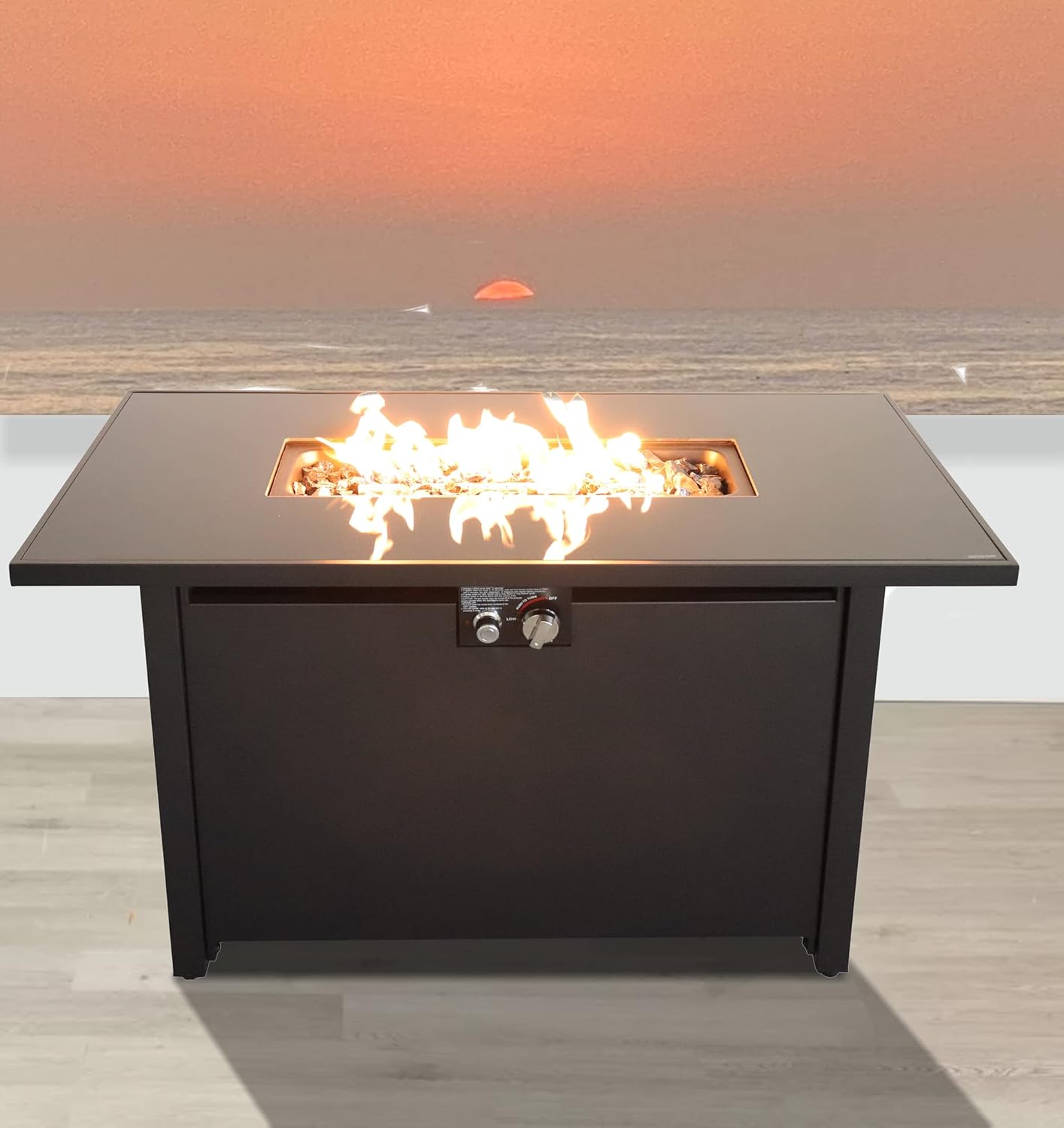 Kaimei 43 Inch Rectangular Propane Fire Pit Table, Outdoor Smokeless Fire Pit, Black Steel Fire Pit with Lava Rocks 50,000 BTU Heat Output for Backyard Patio