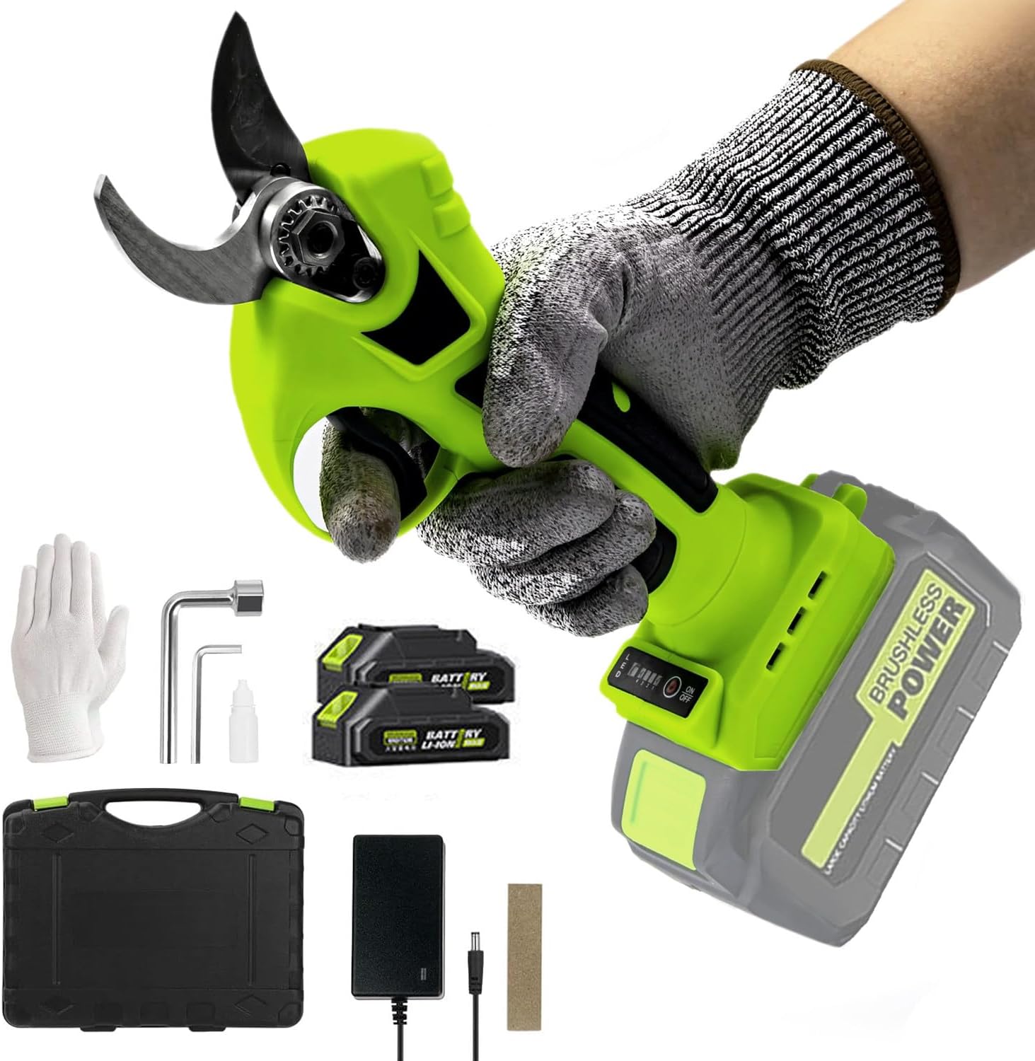 Electric Pruning Shears, Cordless Tree Pruner - 2'' Cutting Diameter, 4 Gears Adjustment, 24H Battery Life/pcs, Powered Tree Branch Cutter for Garden Lawn Care, 2 Batteries+1 Tool Case