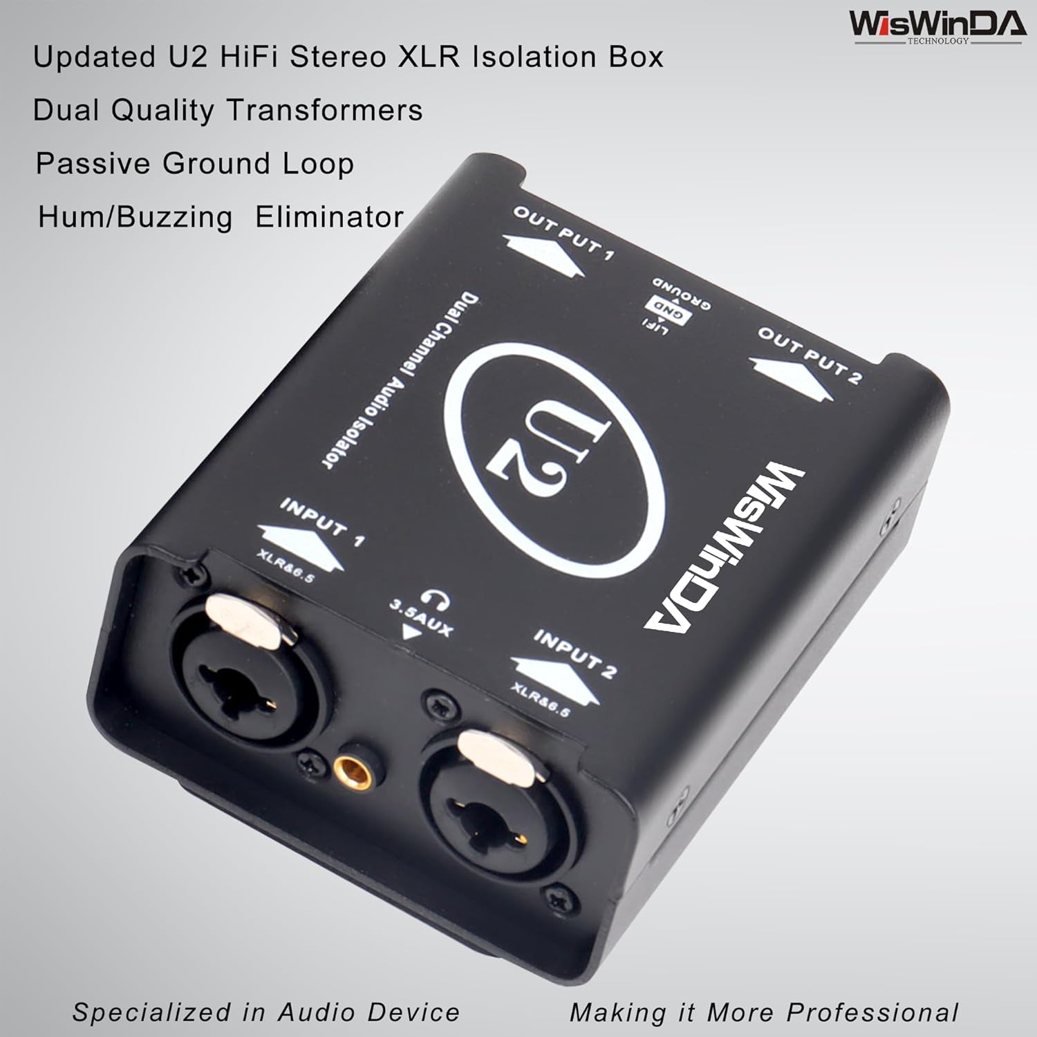 U2 Pro XLR/1/4inch/AUX HiFi Stereo Version Audio Isolation Box Ground Loop Isolator/Noise Filter/Hum Eliminator for Audio System Eliminate Hum&Buzzing Noise (Pro U2-XLR/AUX/TS/TRS)