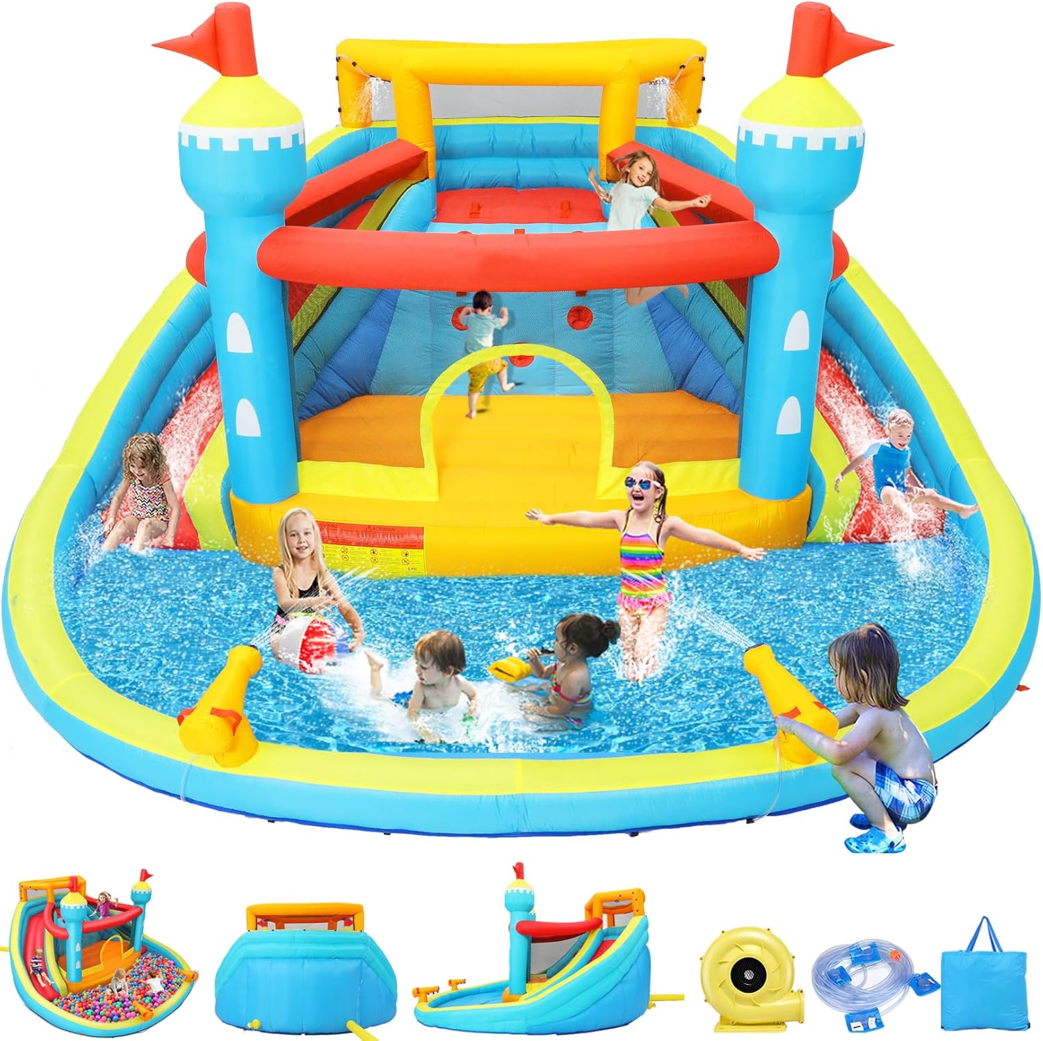 Inflatable Water Slide Bounce House, 14.1x13.8x7.5FT Double Lane Mega Waterpark w/Large Climbing Wall, 2 Water Cannon & Giant Splash Pool for Outdoor Backyard Party Gifts w/Storage Bag & 520W Blower