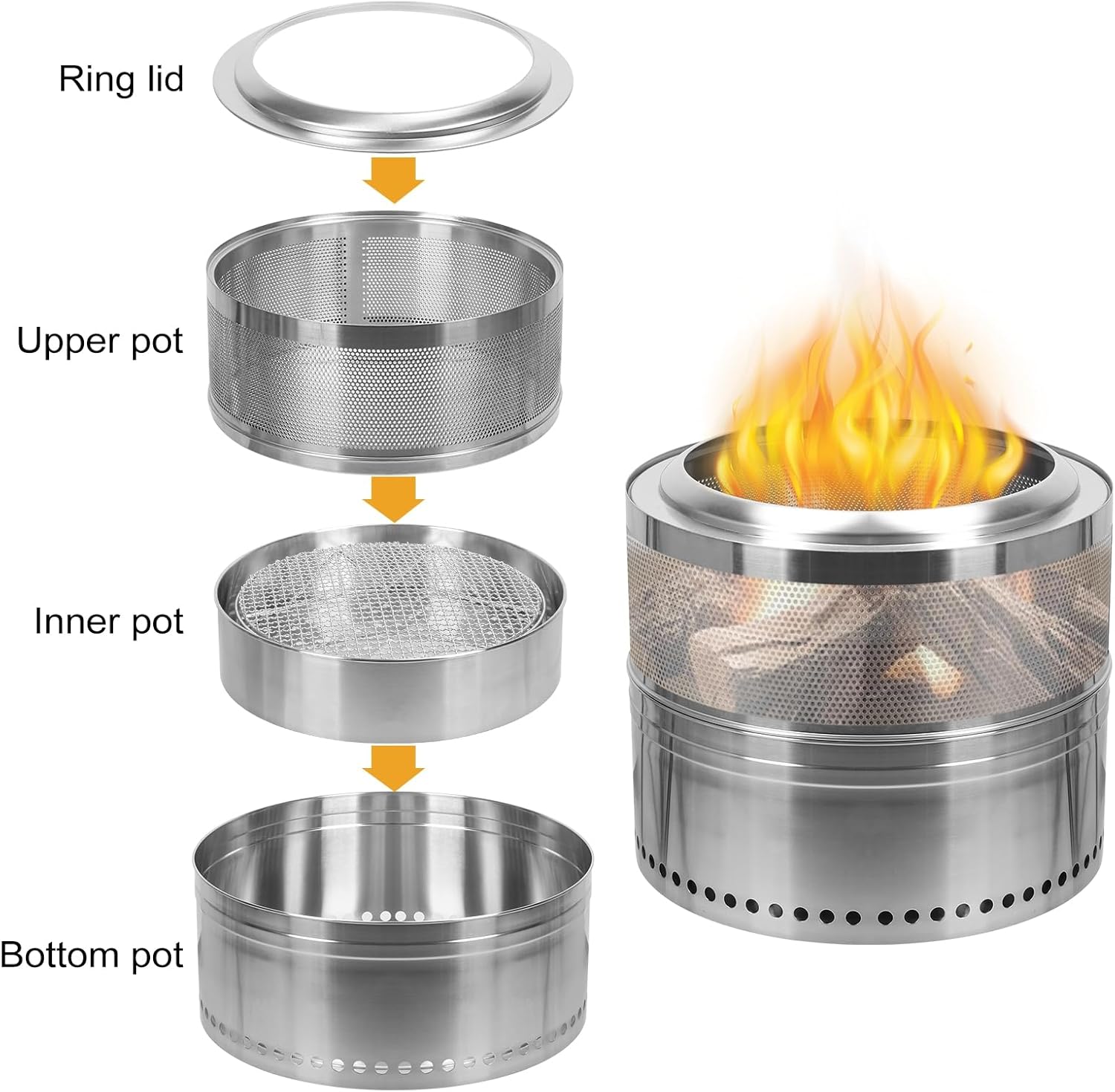 Stainless Steel Smokeless Pit, Smokeless Firepit, Wood Burning BBQ Firepit, Stainless Steel Portable Outdoor Fireplace with Ash Tray, Detachable Bonfire Firepit for Outside Camping 50 cm