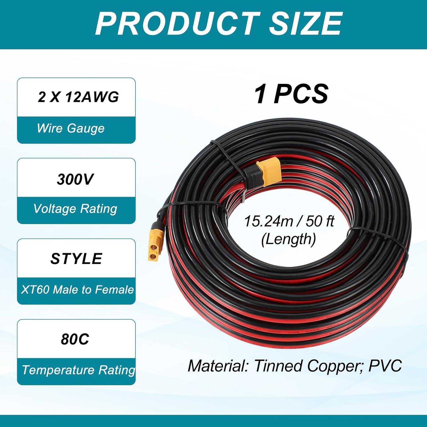 MECCANIXITY XT60 Extension Cable, 12AWG 50 ft Male to Female Tinned Copper XT60 Connector Power Cable UL2468 for RC Batteries, Portable Power Station, Solar System