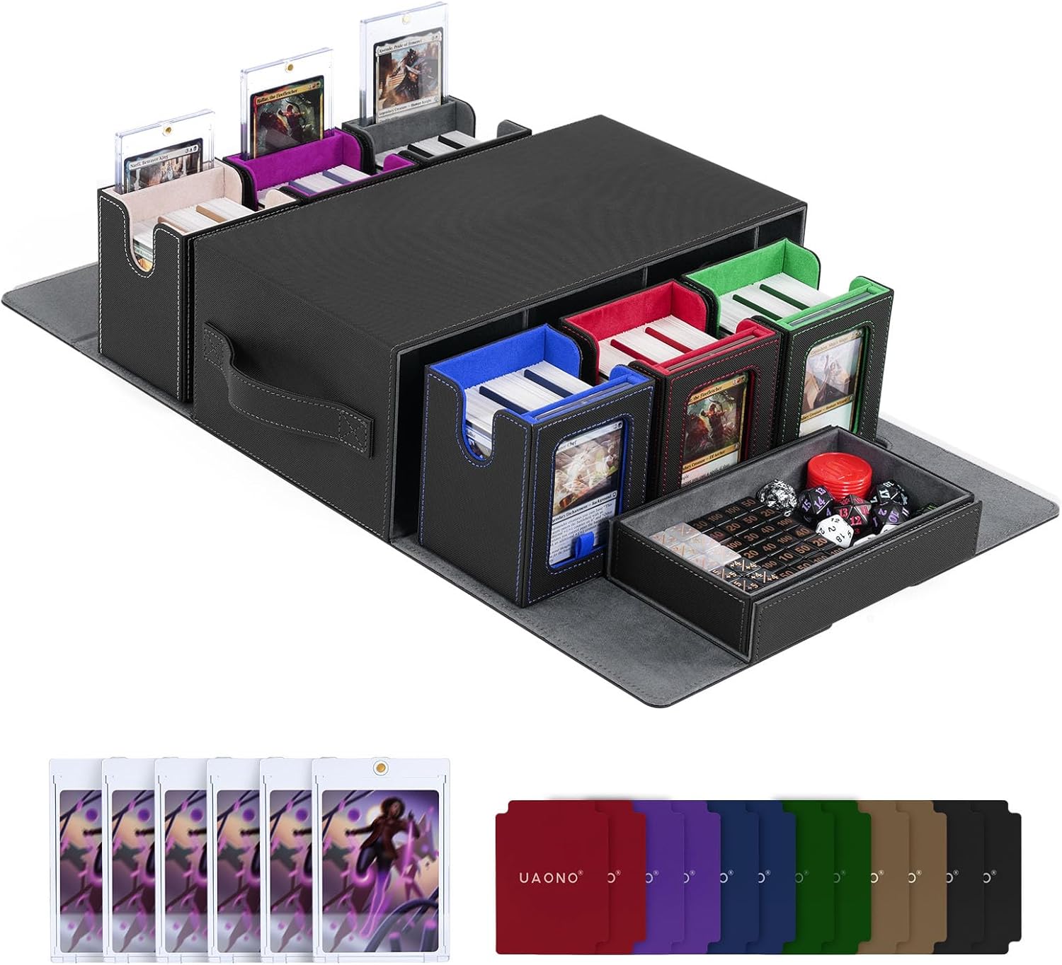Commander Deck Box for MTG, 6-Deck Modular Card Case with Dice Tray Hold 600+ Double-sleeved Cards, Removable Trading Cards Storage Box with 35PT Magnetic Card Holders for TCG, Multicolour