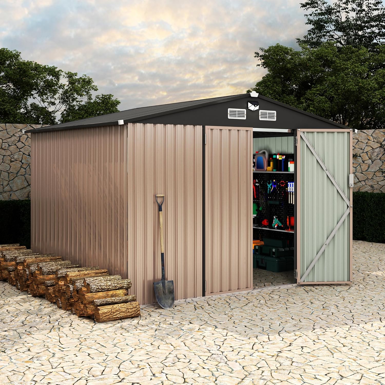 8x10 FT Metal Storage Sheds Outdoor, Metal Yard Sheds Metals Garden Shed Kit with Solar Light, MetalTool Shed with Lockable Door, Metals UtilitySheds Buildings with Air Vent for Backyard