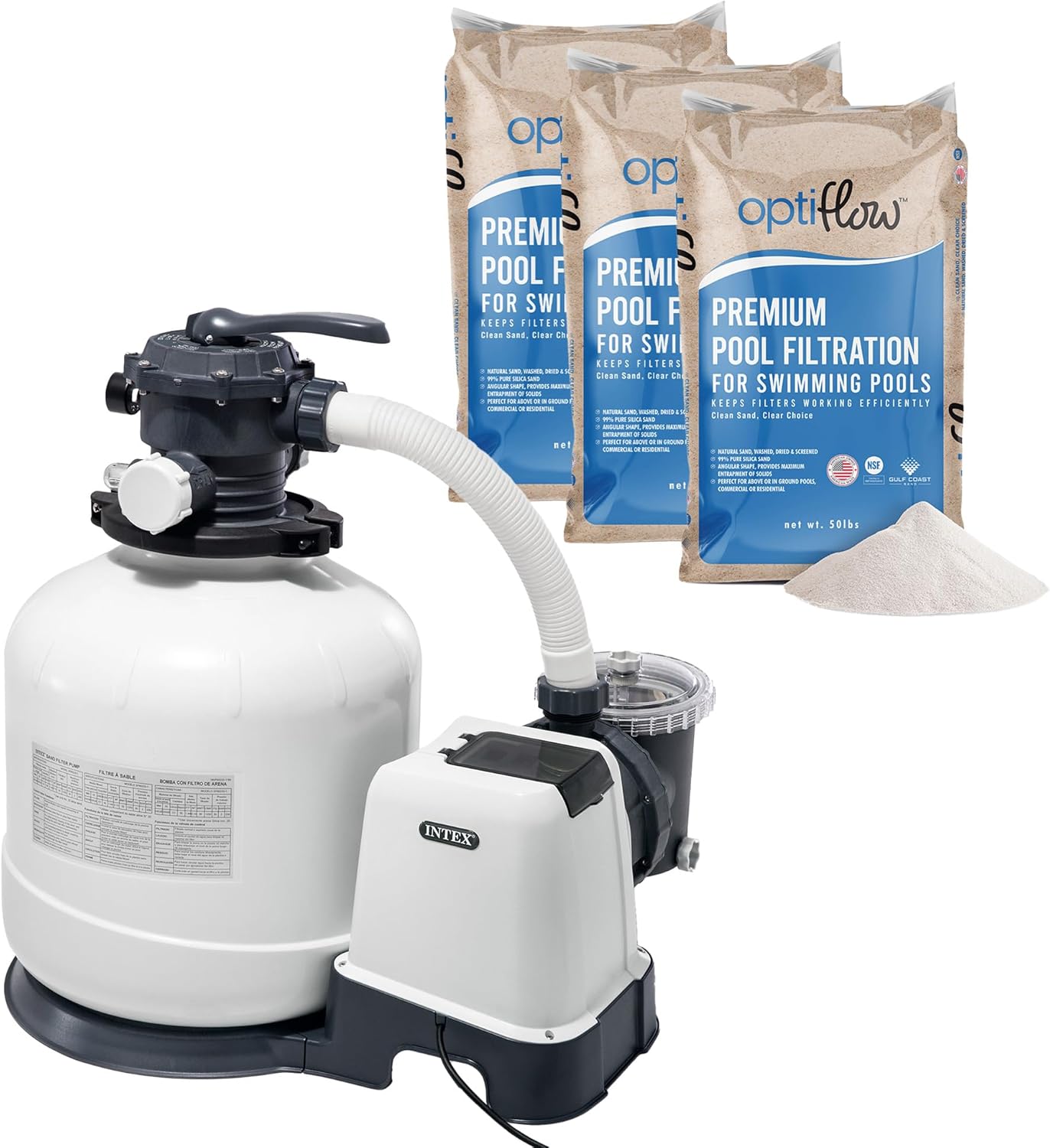 Intex 26651EG Krystal Clear 3000 GPH Sand Filter Pump for Above Ground Pools Bundled with OptiFlow 3 Pack Premium Pure Silica Filter Sand, 50 lb Bags