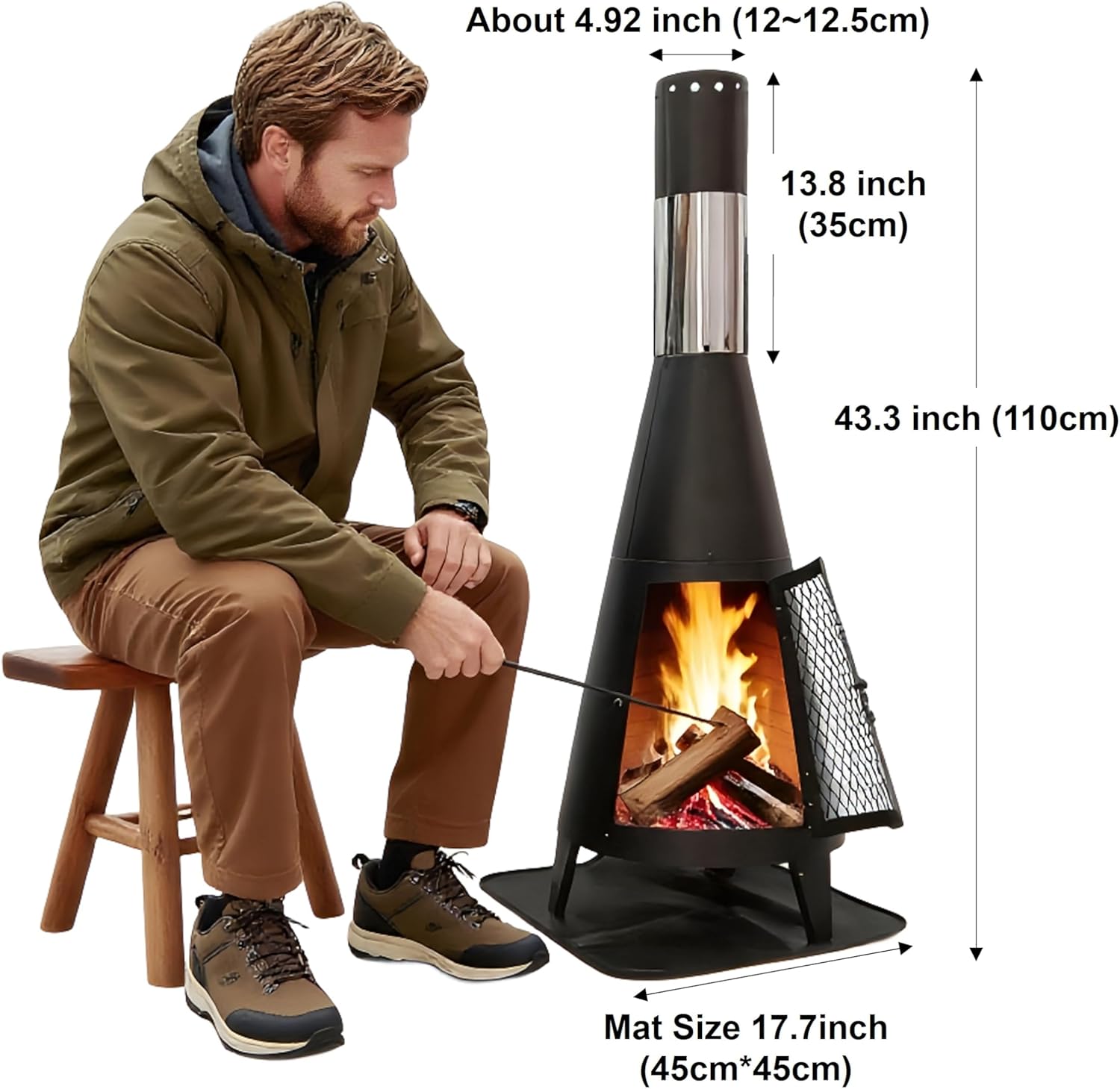 Chiminea Outdoor Fireplace, Portable Fireplace Chimenea with Mat and Poker. Wood Burning Fire Pit for Patio Garden Camping Heating and Ambiance
