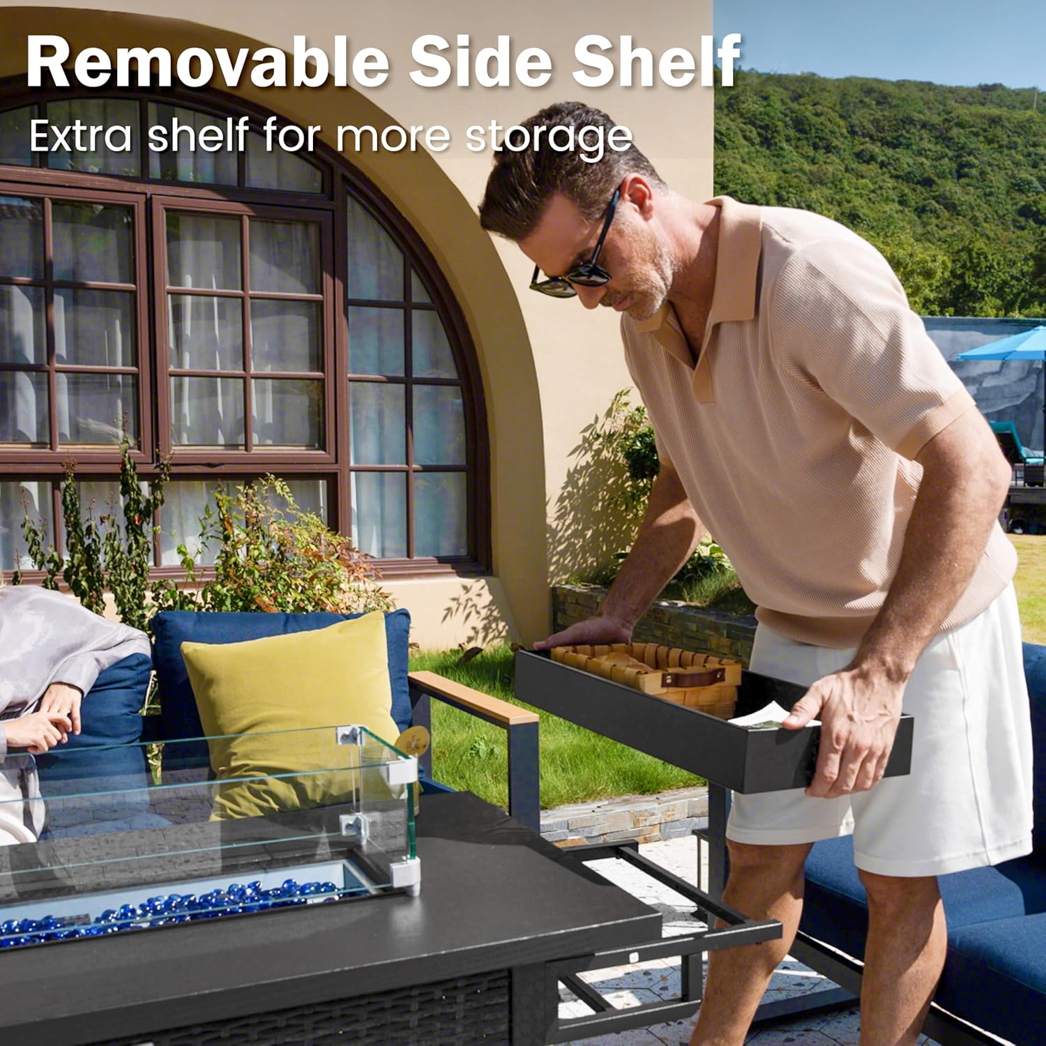 52 Inch Wicker Patio Fire Table, 50,000BTU Propane Fire Pit Table with Glass Wind Guard, Side Basket, Cover, CSA Certified, Outdoor Fire Pit for Garden, Backyard, Balcony, Poolside, Grey