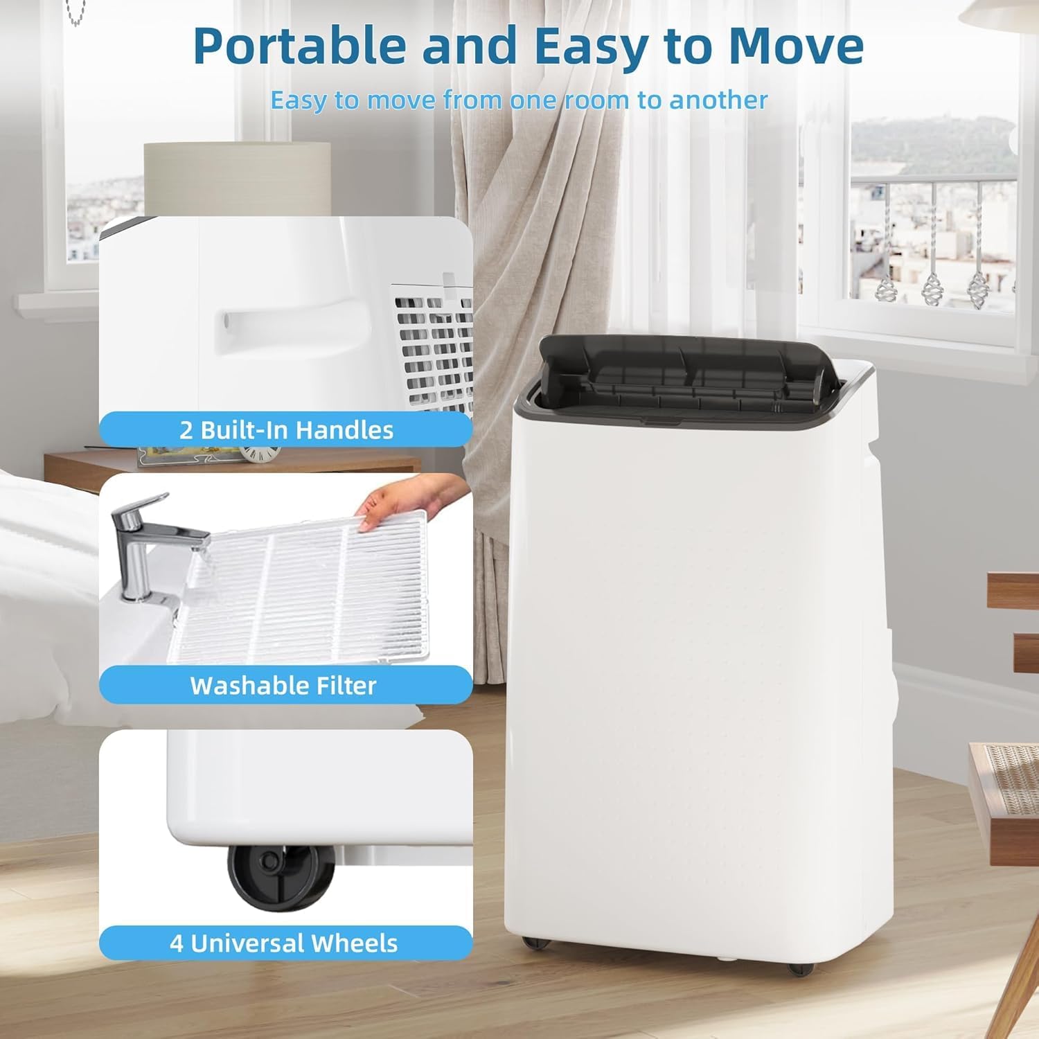 14,000 BTU Portable Air Conditioner for 550-750 Sq Ft 3-In-1 AC Unit with Cooling/Dehumidifier/Fan Modes, Remote, 24H Timer & Installation Kit for Home/Office/Dorm