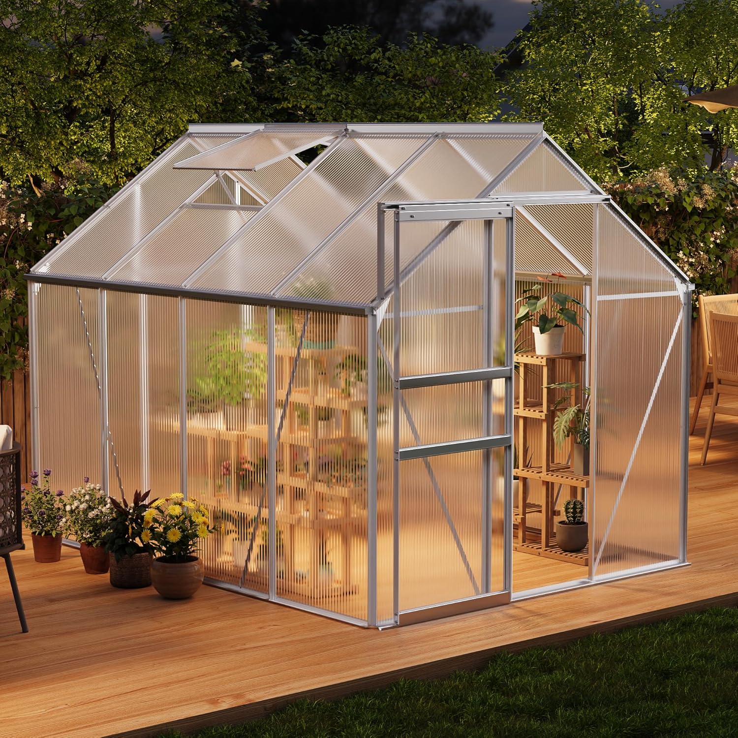 IDEALHOUSE 6 x 8FT Greenhouse for Outside, Polycarbonate Greenhouses with Aluminum Frame, Sliding Door, Adjustable Roof Vent for Backyard, Outdoor Green Houses Garden Backyard, Patio