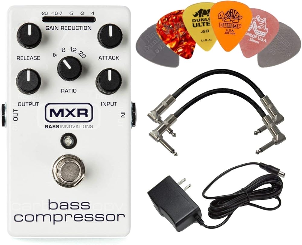MXR M87 Bass Compressor Effects Pedal BUNDLE with AC/DC Adapter Power Supply for 9 Volt DC 1000mA, 2 Metal-Ended Guitar Patch Cables AND 6 Assorted Dunlop Guitar Picks