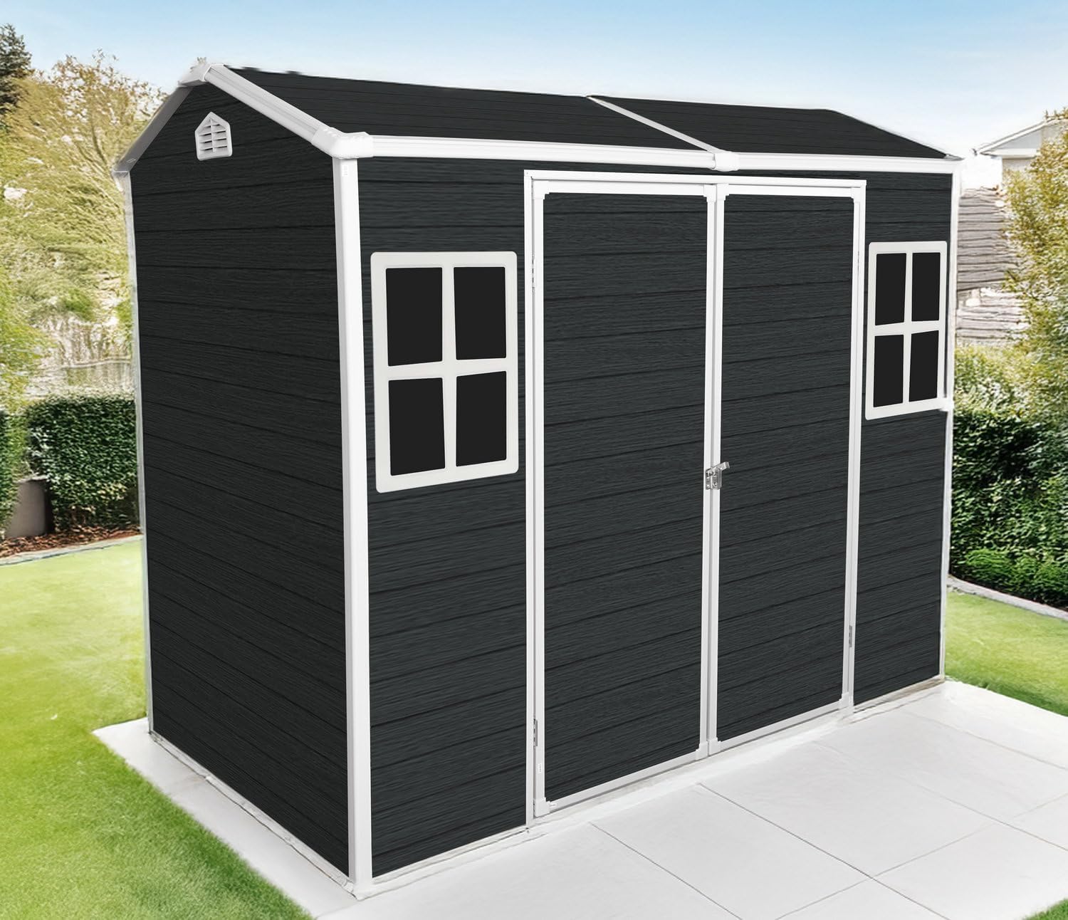 8x4 FT Outdoor Storage Shed,Waterproof Resin Garden Shed with Windows, Lockable Doors, and Sloped Roof,Tool Storage for Patio, Backyard, Lawn, Black