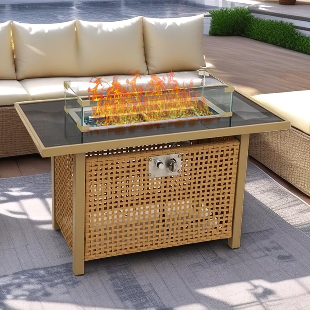 43 Inches Propane Fire Pit Table, 60,000 Btu Rectangular Outdoor Fire Pit with Glass Wind Guard for Patio, Deck, Backyard – Orange & Mustard Yellow (Orange-Yellow) (1 Doors)