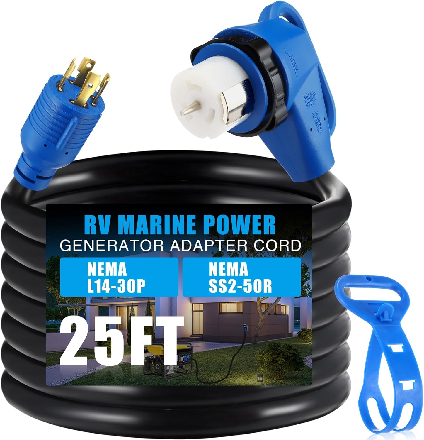 Kanayu 25FT NEMA L14-30P to SS2-50R RV Marine Power Generator Adapter Cord, 30A 4 Prong Locking Generator L14-30P Male to 50A Marine Shore Power 90 Degree Right Angle SS2-50R Female, ETL Listed