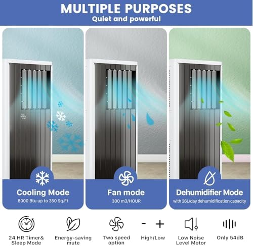8000 BTUs Portable Air Conditioner - 3-in-1 Air Conditioners with Cooling, Dehumidifying & Fan Modes, 300 CFM, Mobile AC Unit for Rooms Ultra Quiet, Temperature Control 61-88°F, White Top Cover