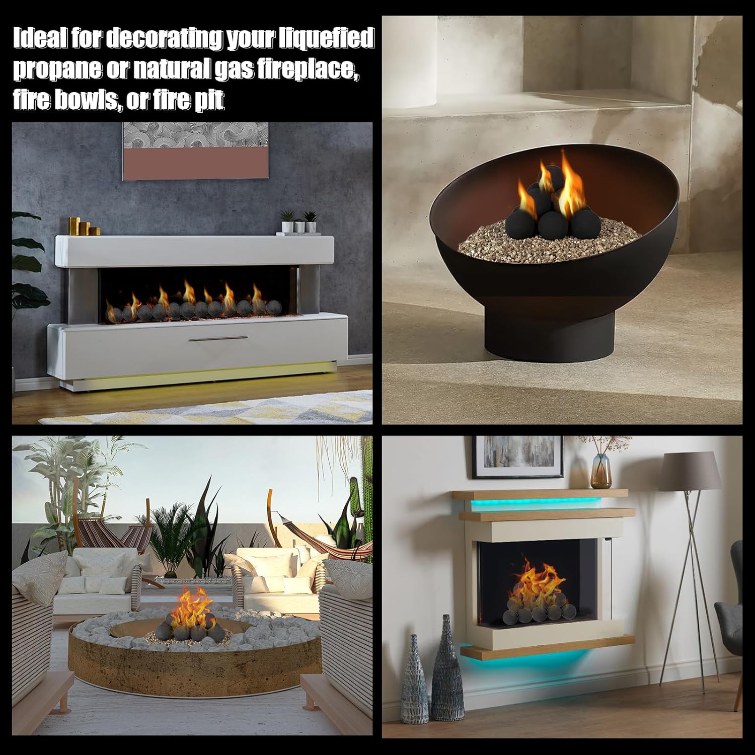 Zhenx Ceramic Fire Balls, 4 Inch, Set of 12 Round Fire Stones, for Indoor and Outdoor Fire Pits, Fire Bowls and Fireplaces, Black