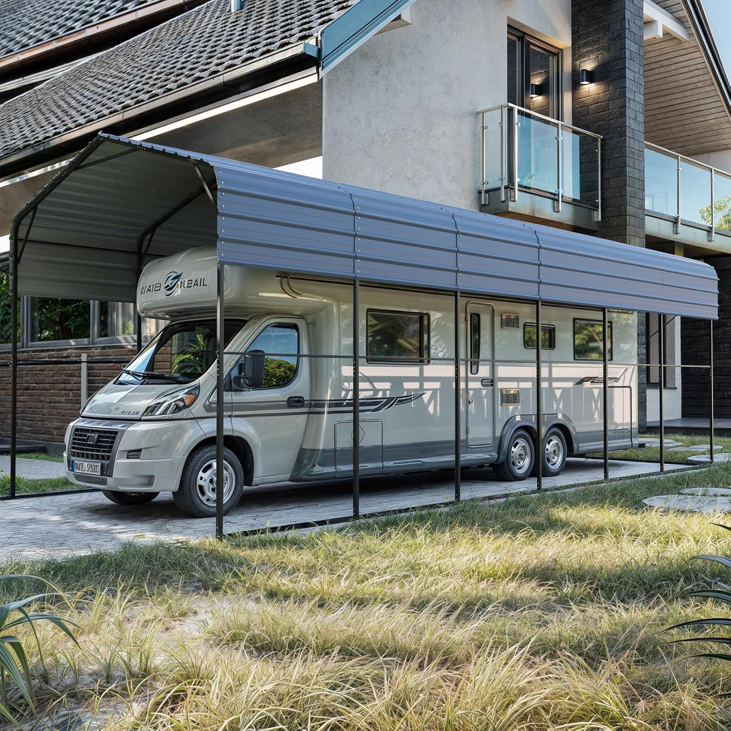 YOLENY 14x30 FT RV Carport, Heavy Duty Metal Carport with Reinforced Metal Frame & Galvanized Roof, Weather-Resistant Car Shelter for RV, Cars, Trucks, Boats, SUVs, and Tractors, Gray