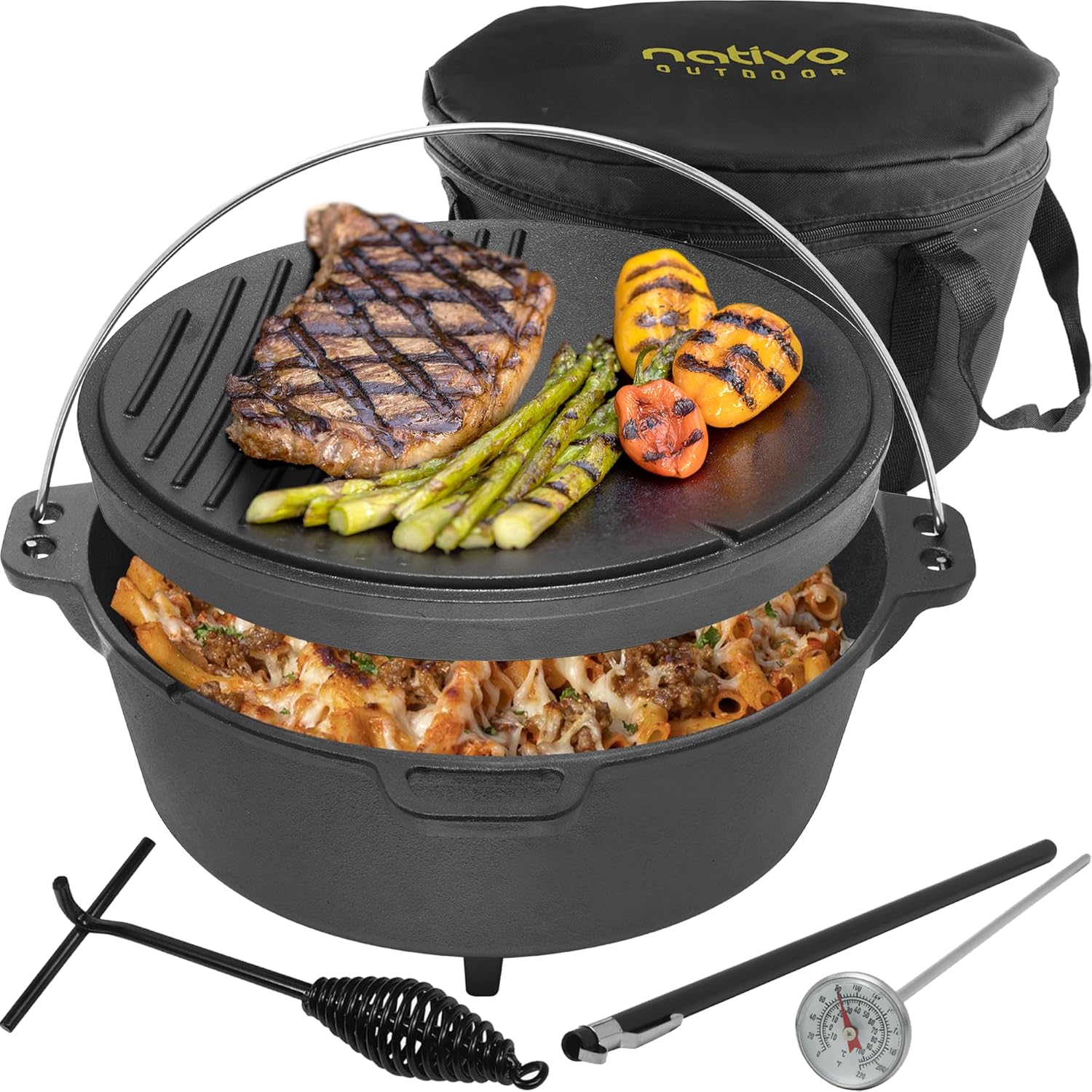 NATIVO 6QT Pre-Seasoned Outdoor Cast Iron Dutch Oven Pot with Multipurpose Lid, Dutch Oven for Camping and Outdoor Cooking using Fire and Coals, With Legs and Reversible Lid Grill