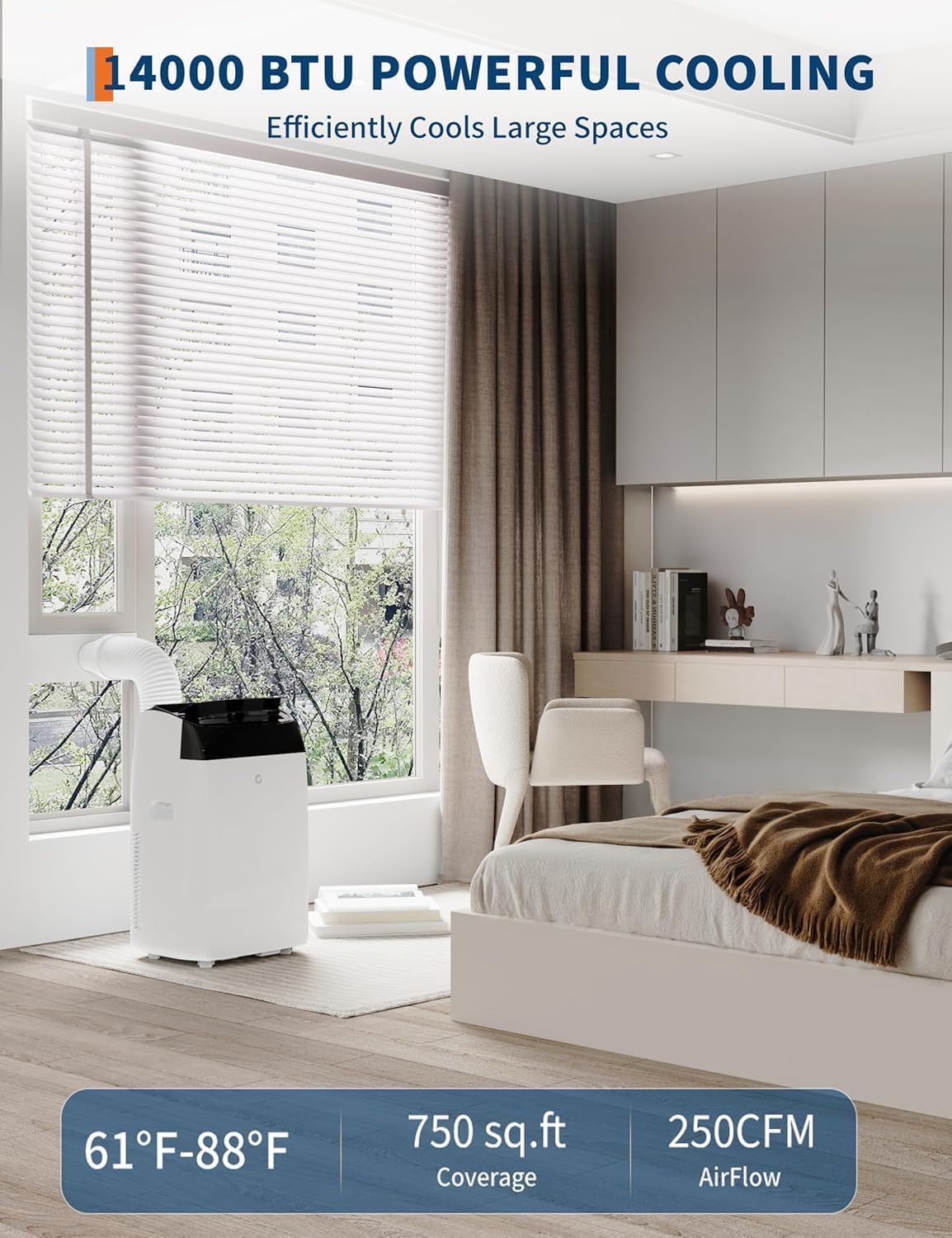 14000 BTU Portable Air Conditioners - Large 3 in-1 Standing AC Unit Cooling Up to 750 Sq.Ft - Quiet Air Condicionado with Remote Control, Cool, Fan, Dehumidifier, 24H Timer - Room Bedroom Indoor Floor