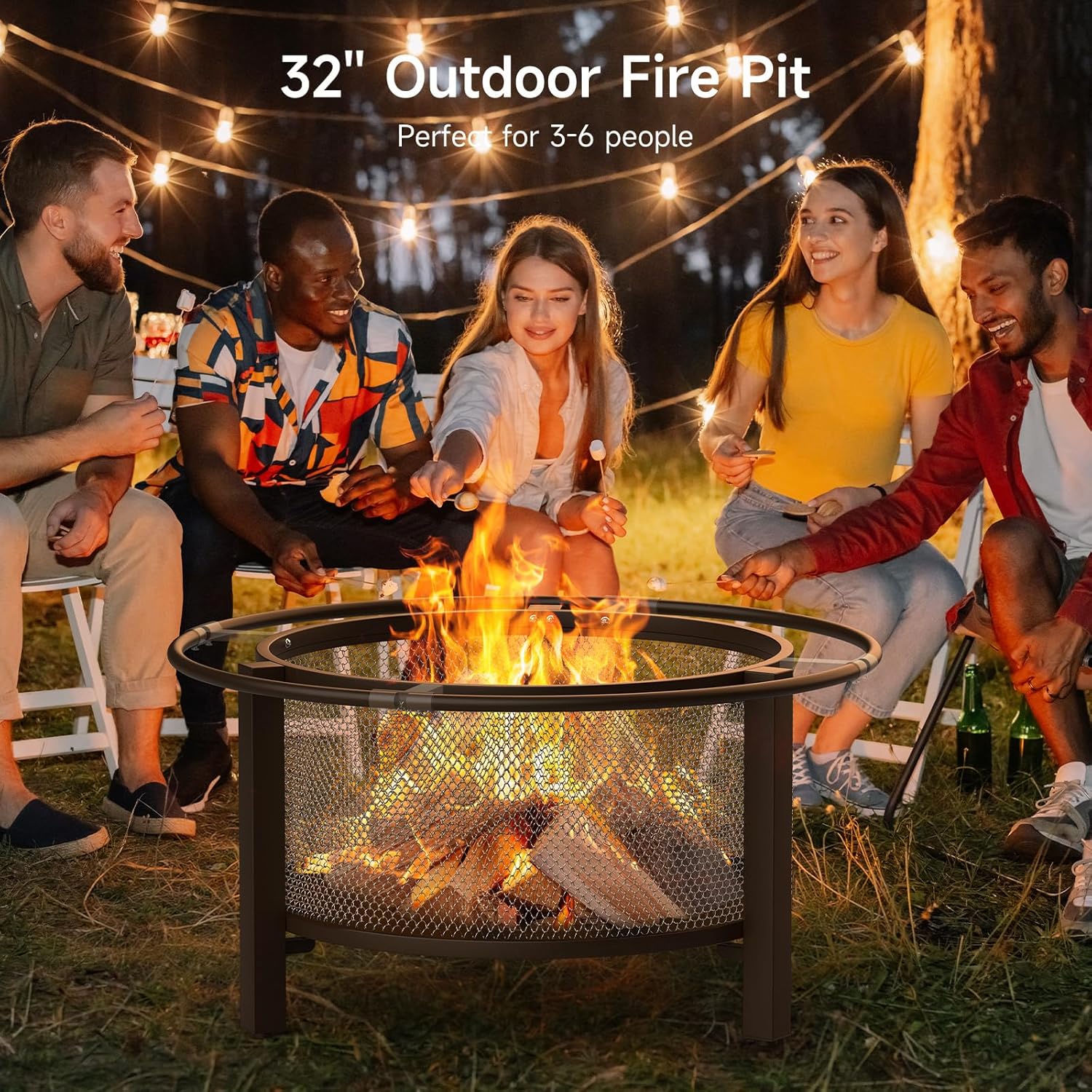 ONBRILL 2-in-1 32 Inch Fire Pit with Cooking Grill, Outdoor Wood Burning Firepit with Poker for BBQ, Bonfire, Picnic, Party, Round Metal Fire Pit for Outside, Backyard, Patio