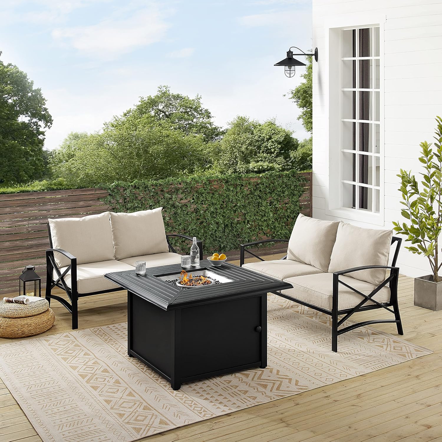 Crosley Furniture Kaplan 3-Piece Outdoor Loveseat Patio Furniture Set with Propane Gas Fire Pit Table, Oiled Bronze with Oatmeal Cushions