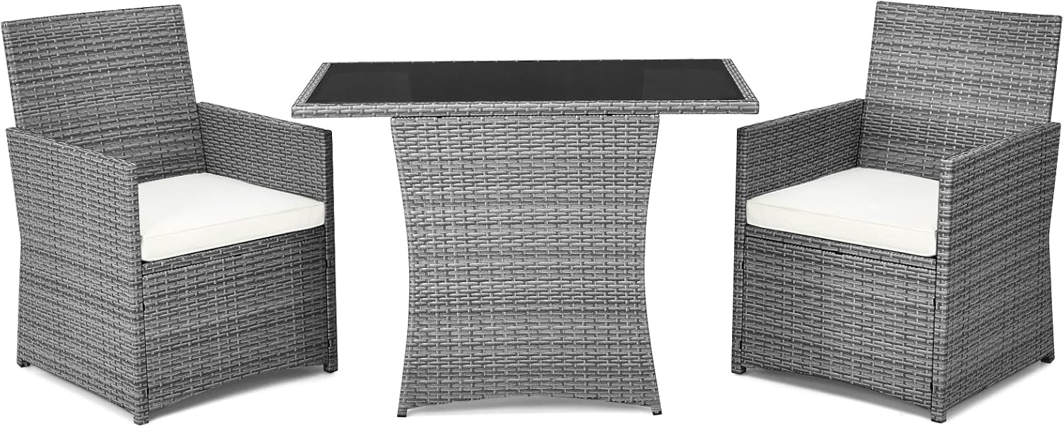 DORTALA 3 Pieces Patio Rattan Furniture Set, Outdoor Wicker Conversation Set with Sponge and Coffee Table, Cushioned Dining Bistro Chair Set for Patio Garden Backyard Pool, White