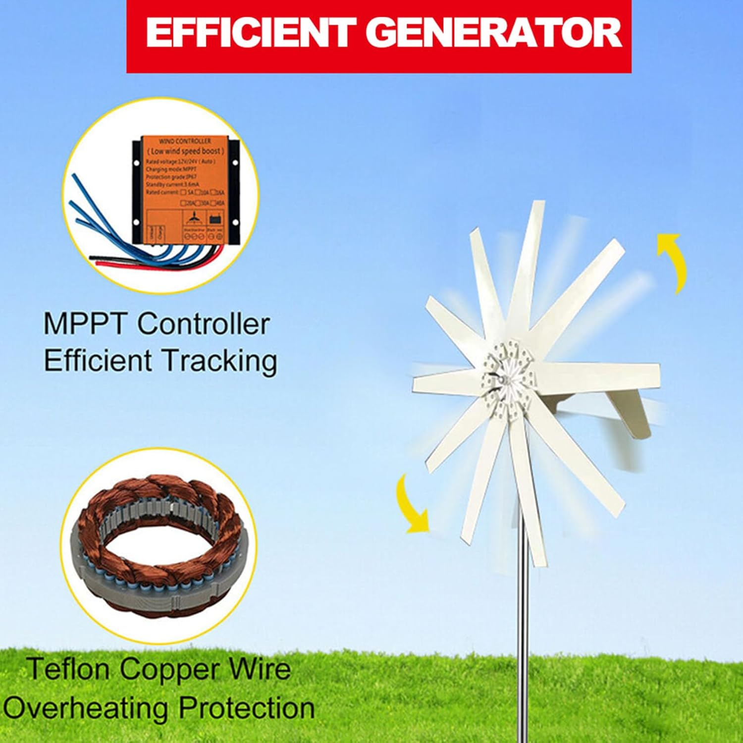 12V,HYZHANHONG 12V 24V 48V Wind Turbine Generator Kit 10000W 10 Blade Wind Power Generator Equipped with Inverter for Boats Terraces Cabins Or Home