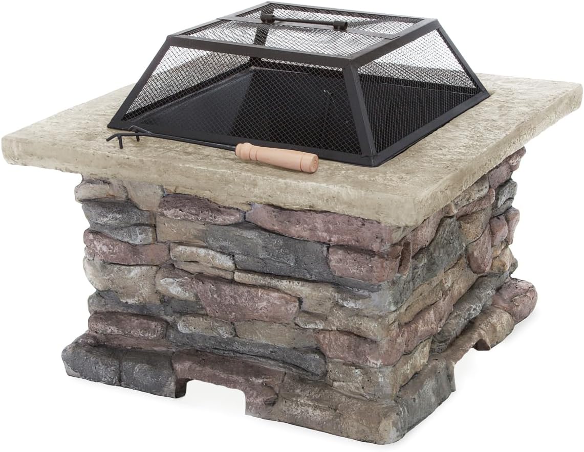 28-inch Outdoor Wood Burning Fire Pit with Natural Stone Finish, Fire Bowl with Lid, Mesh Cover & Poker Tool for Patio, Backyard, Garden