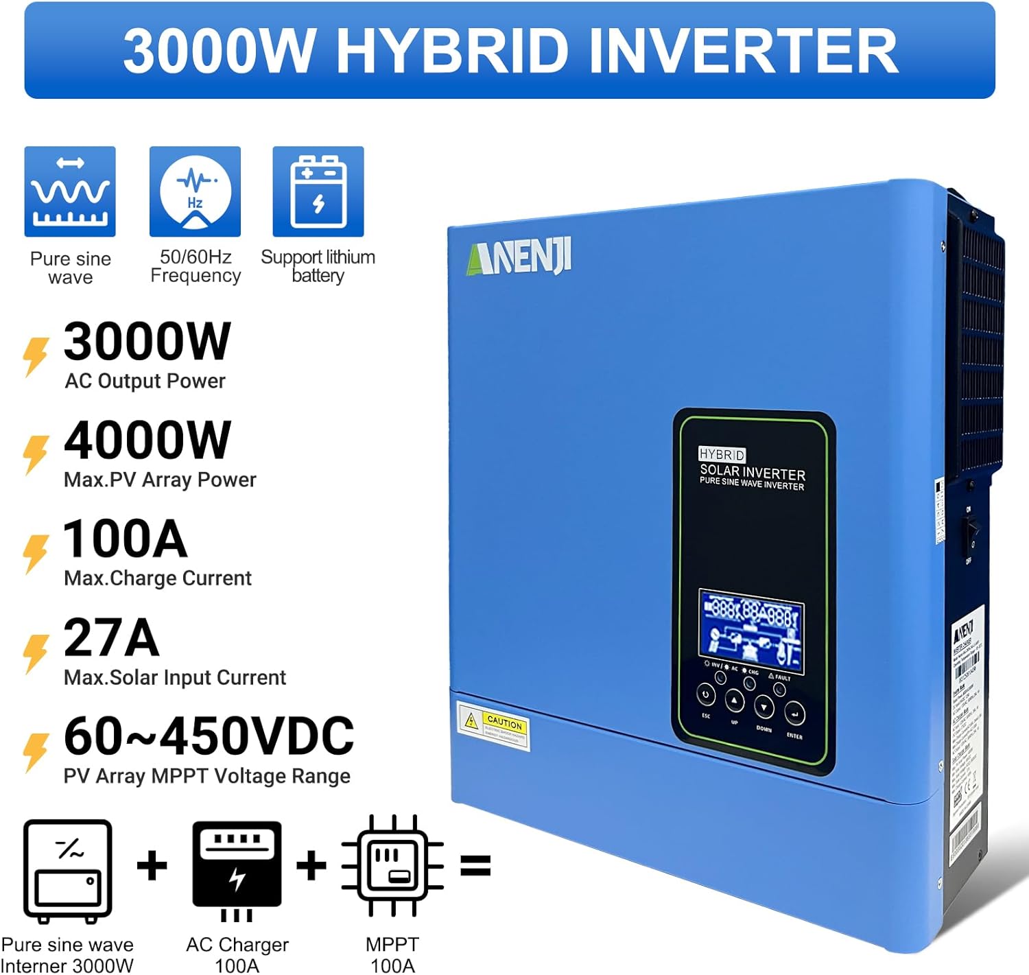 3000W Hybrid Inverter, 24Vdc to 110Vac Solar Inverter Charger Built-in 100A MPPT Controller, Pure Sine Wave PV Power Converter, Supports Battery-Less or AGM Lithium Battery