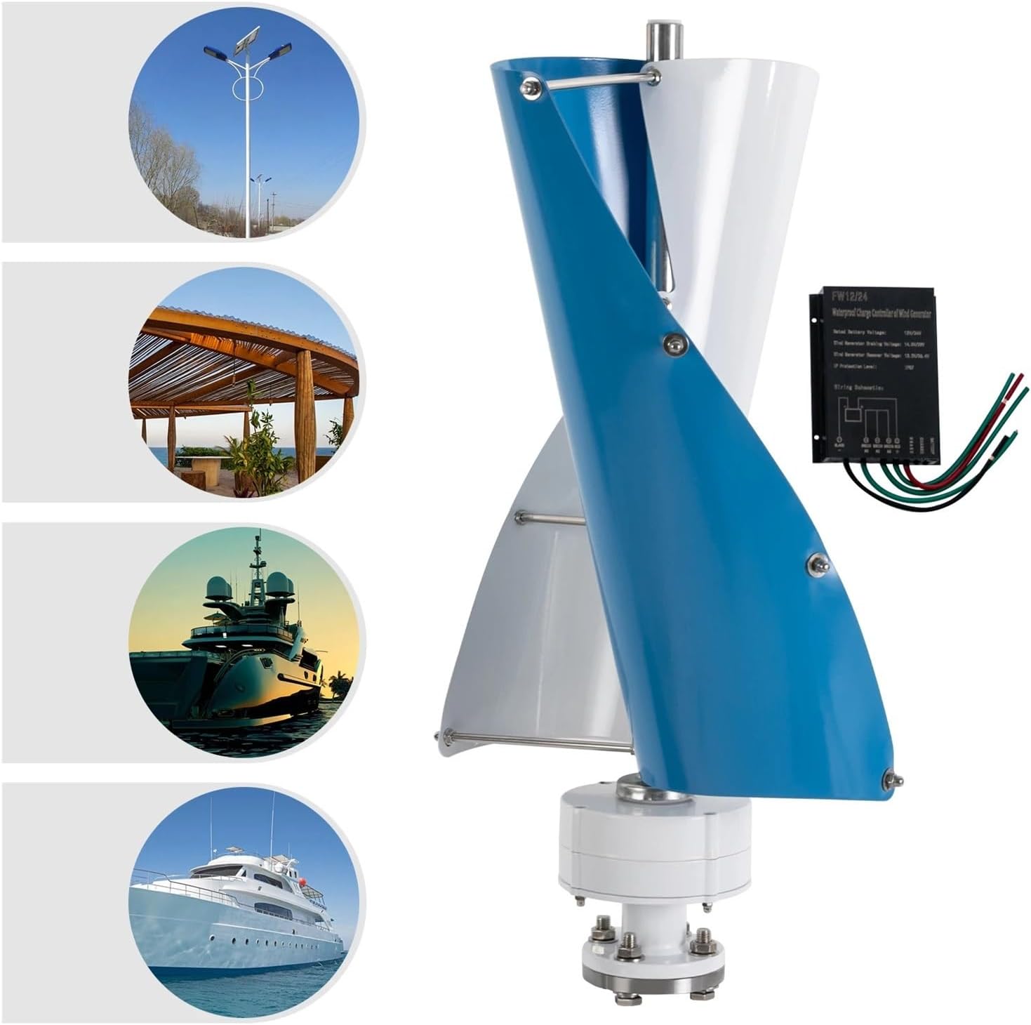 Wind Generator, 12V/24V Vertical Axis Wind Portable Generator Maximum Power 100W IP67 Energy for Home RVs,for Home, Farm, RVs, Boats(White-and-Blue-12V)