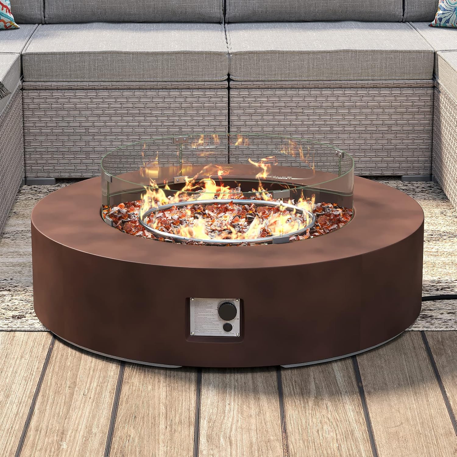 SUNBURY Outdoor Propane Fire Pit 42 Inch Round Fire Pit Table, 50,000 BTU Dark Brown Propane Gas Fire Pit for Outside w Brown Fire Glass & Glass Wind Guard