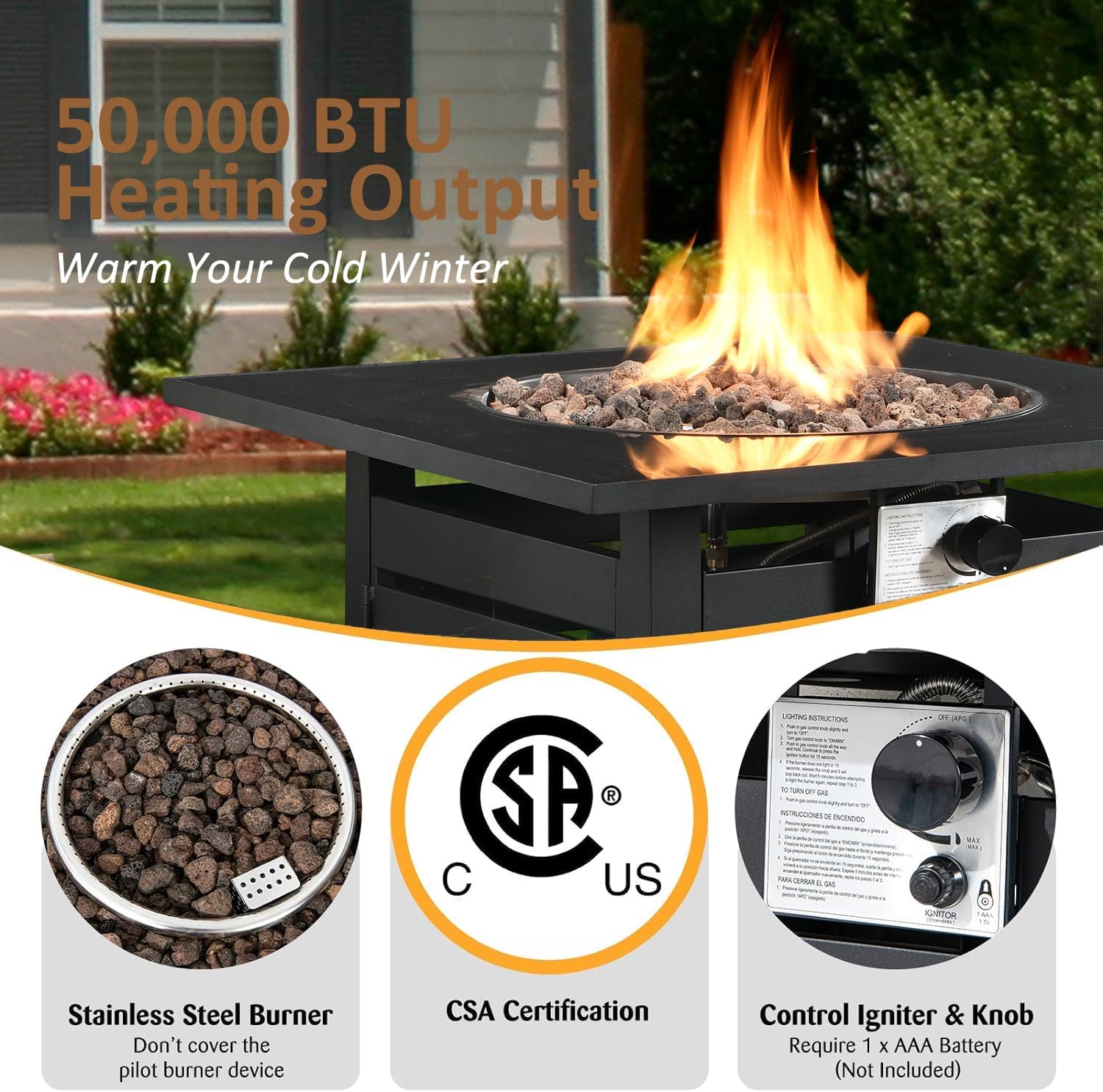 MONDAWE 32 Inch Fire Pit Table, 50,000 BTU Auto-Ignition Propane Fire Pit Table, Outdoor Gas FirePit with Waterproof Cover, CSA Certified Fire Table for Outside Paito/Garden/Backyard, Black