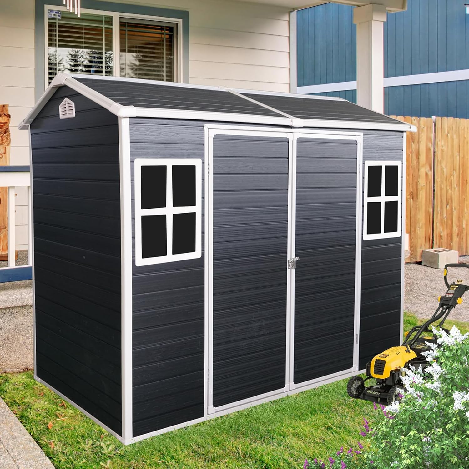 Ball & Cast 4x8 FT Resin Outdoor Storage Shed,Waterproof Garden Organizer Tool House with Floor & Two Windows,Backyard Cabinet w/Lockable Door and Ventilation,Shelter for Car,Bike,Lawnmower,Black