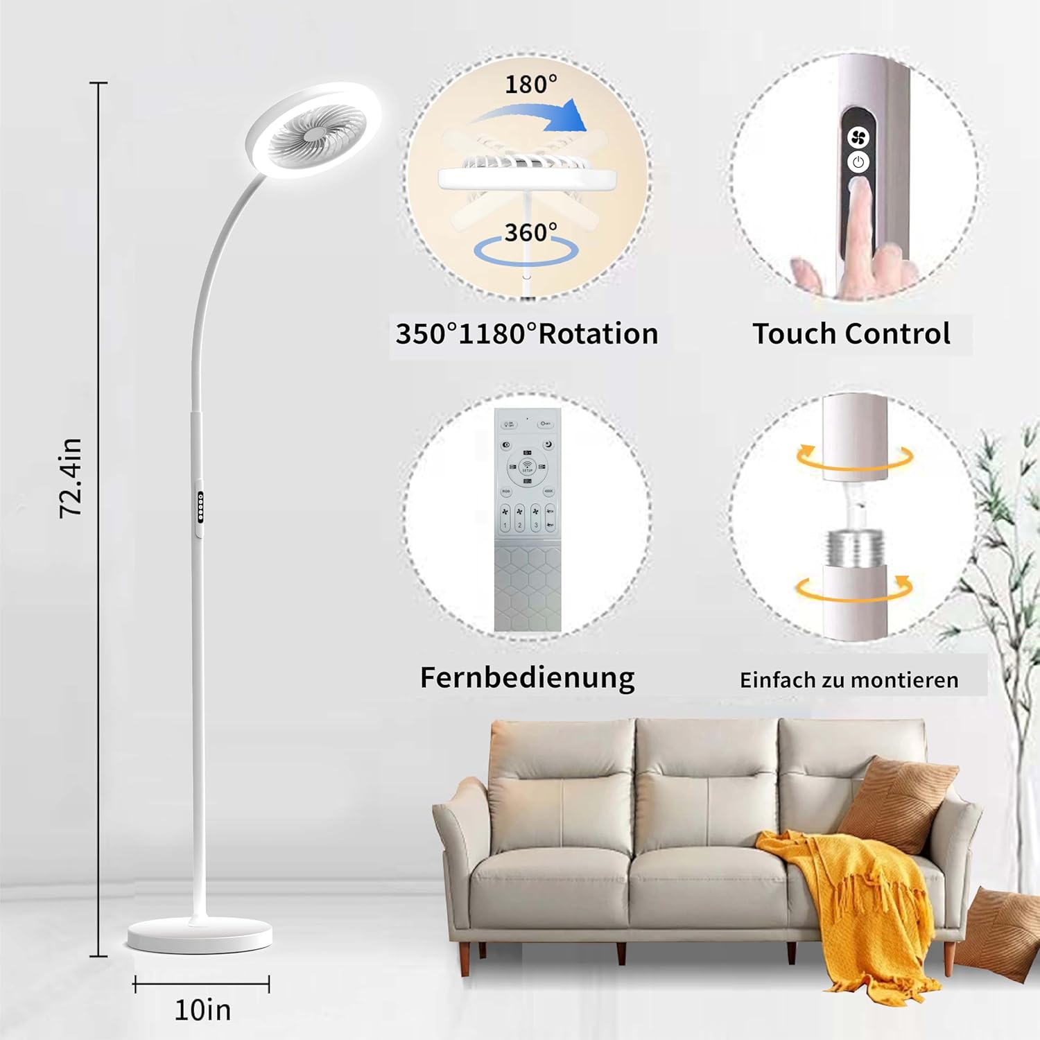 Pedestal Fan for Bedroom, Floor Lamp with Fan RGB 18w/1500lm, 3-Speed Stand Fan Stepless Adjustable 3000K-6000K Color and Dimmer, Remote and Button Control, Adjustable Gooseneck Gloor Lamp
