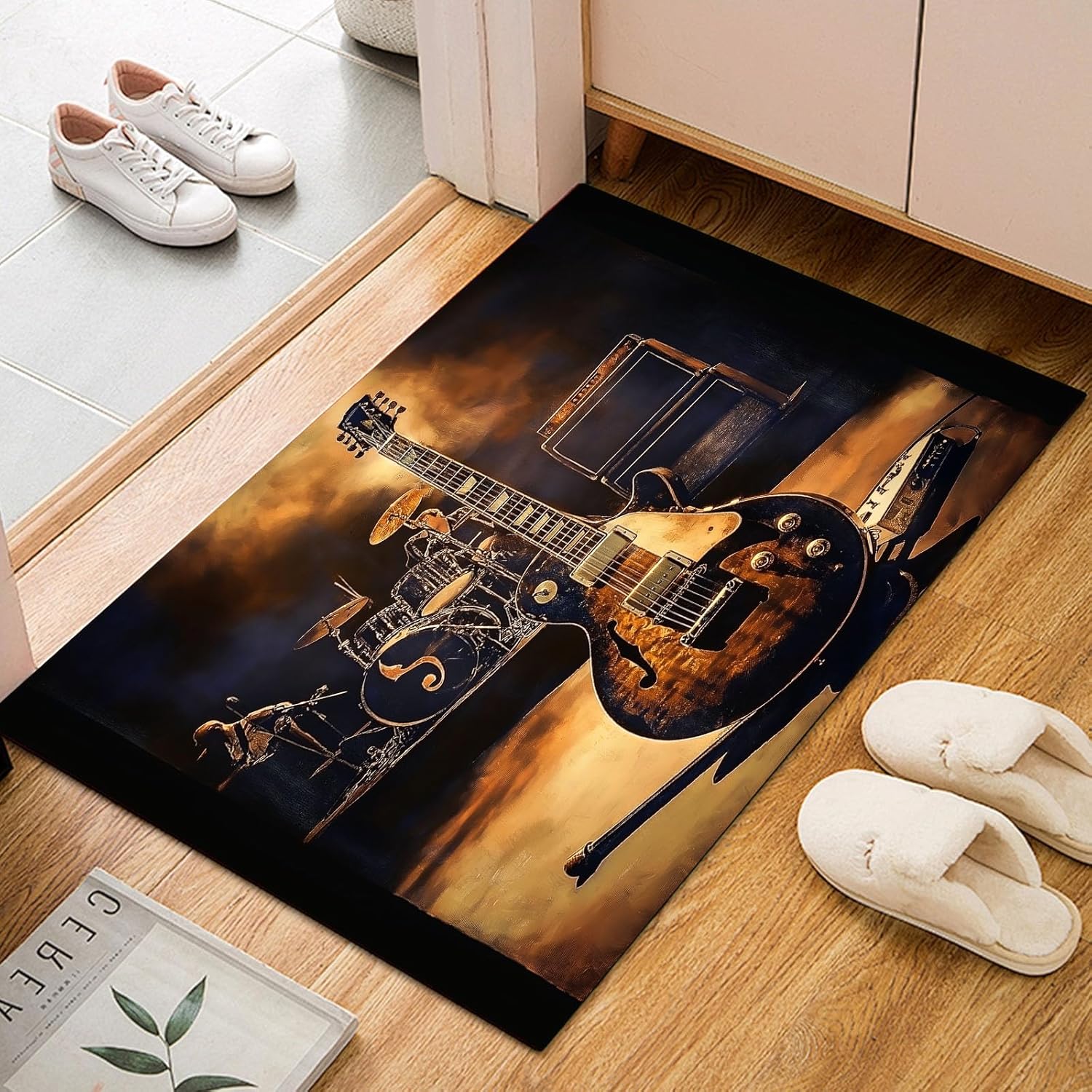 Vintage Music Rug for Living Room, Electric Guitar Drum Kit Rug for Bedroom, 4x5 Area Rugs, Rock Instrument Carpet, Office Dining Room Throw Rugs, Machine Washable, Non Slip, Low Pile
