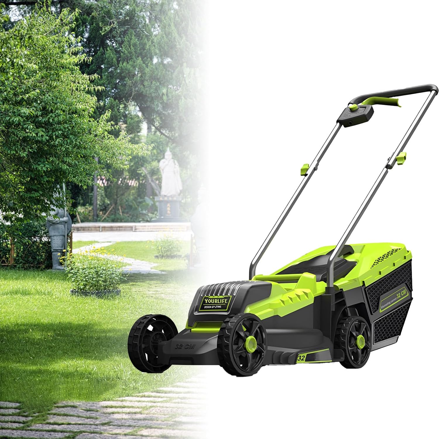 1600W Electric Lawn Mower Cordless Brushless Push Lawn Mowers with 4.0Ah Lithium Batteries x 2 and Fast Charger Included Battery Operated Lawn Mower with Bagger