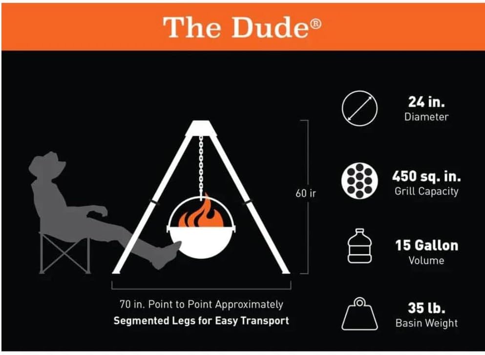 Cowboy Cauldron The Dude Fire Pit & Grill - Smokeless Fire Pit for Outside with Steel Cauldron, Tripod Legs, and Charcoal Grate - Outdoor Fireplace for Patio, Bonfire, and Cooking