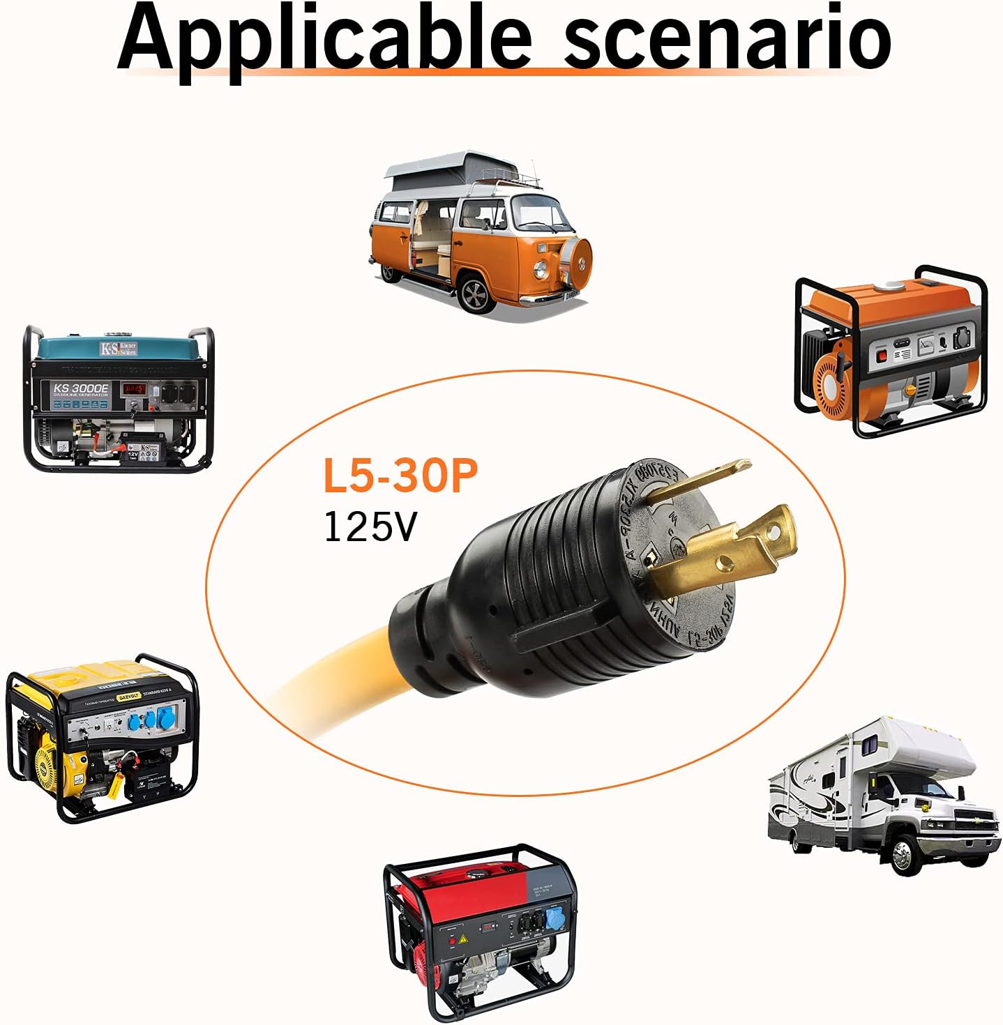 MAYITOP 3 Prong Adapter Generator Power Cord, Nema L5-30P Male to 3X 5-20R Female Adapter Plug, Adapter Generator Power Cord with Lighted End 1.5 FT 30 Amp