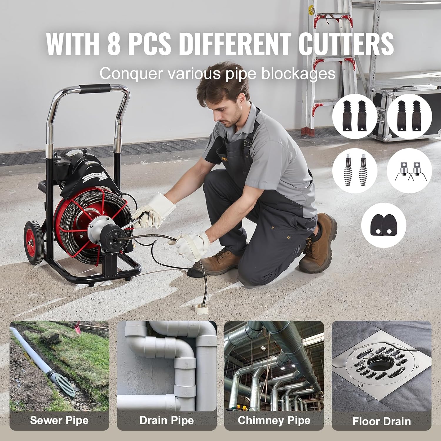 VEVOR Drain Cleaner Machine 100FT x 3/8 Inch, Auto Feed Sewer Snake Auger on Wheels, 370W Portable Drain Cleaning Machine with 8 Cutters & Air-activated Foot Switch for 2