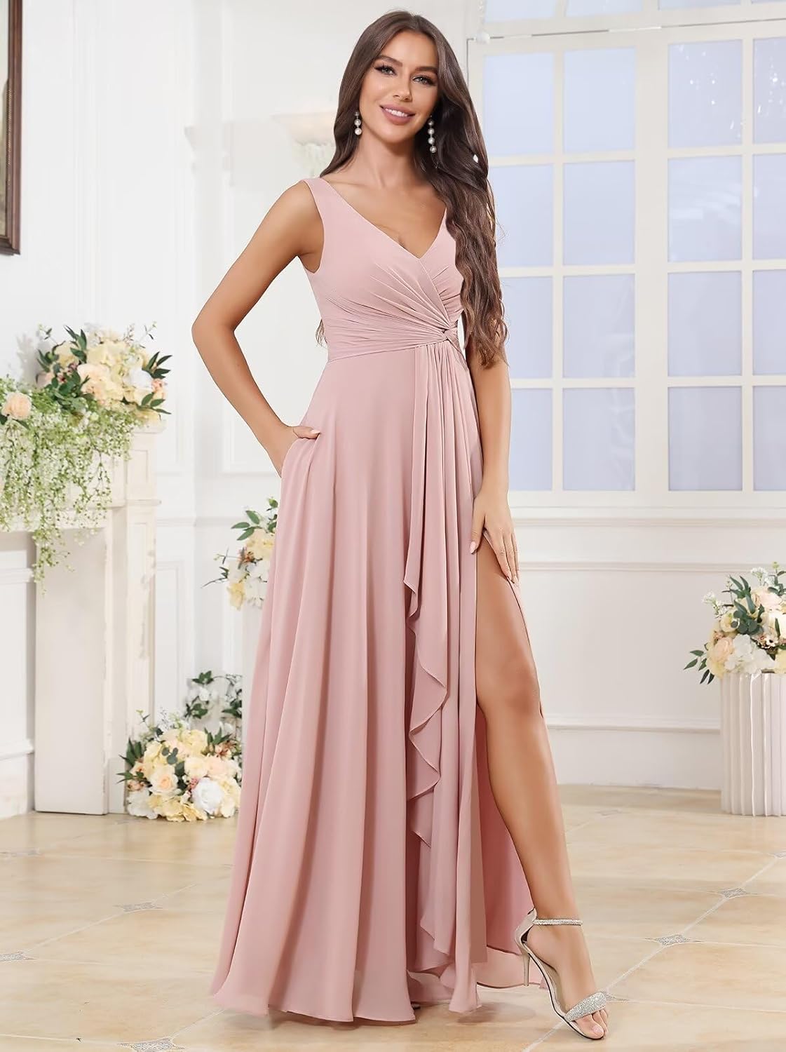BOLENSYE Bridesmaid Dresses Long Ruched Ruffles Chiffon A Line Evening Party Gown with Pockets Slit