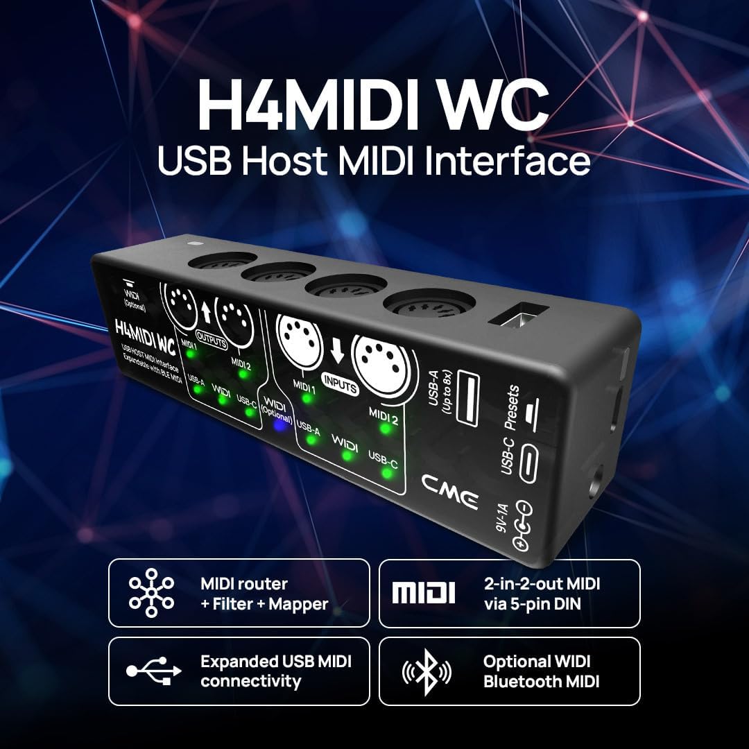 CME H4MIDI WC + 4-Pack 3-FT MIDI Cables - USB Host MIDI Interface with Router, Mapper & Filter + 4-Pack 3-FT 5-pin DIN MIDI Cables for compact spaces