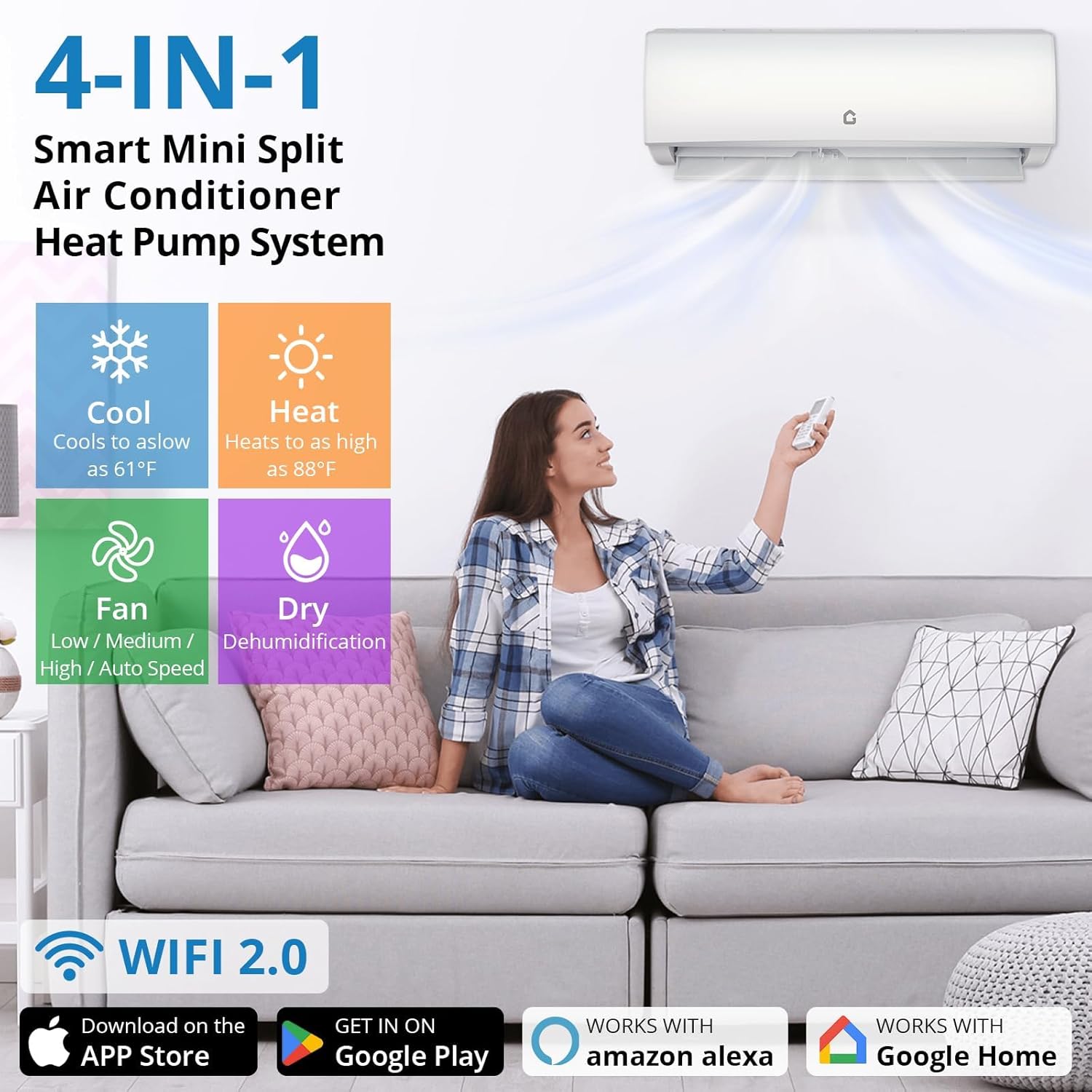 Mini Split Air Conditioner 12000 BTU 208V- 230V with 20 SEER2 Efficiency, Smart Split Unit AC Cooling/Heating Up to 750 Sq.Ft, Inverter Tech Ductless Air Conditioner with WiFi & Remote Control