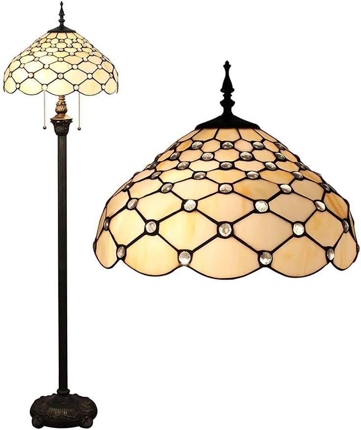Floor Lamp Standing Lamp for Bedroom 16-Inch Stained Glass Living Room Floor Lamp European Retro White Beads Floor Lamp