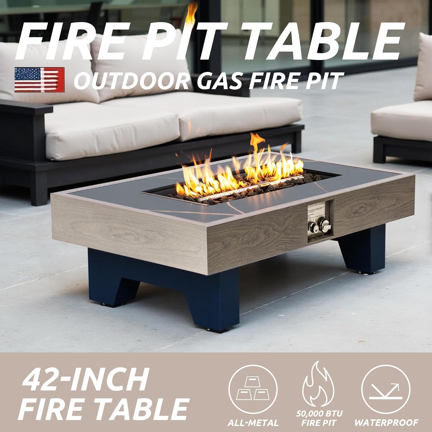 Propane Fire Pit,Outdoor Gas Fire Pit Table with Rain Cover,Rectangular Heater for Patio, Backyard, Deck,50,000BTU Outdoor Modern Patio Fire Pit (Wood)
