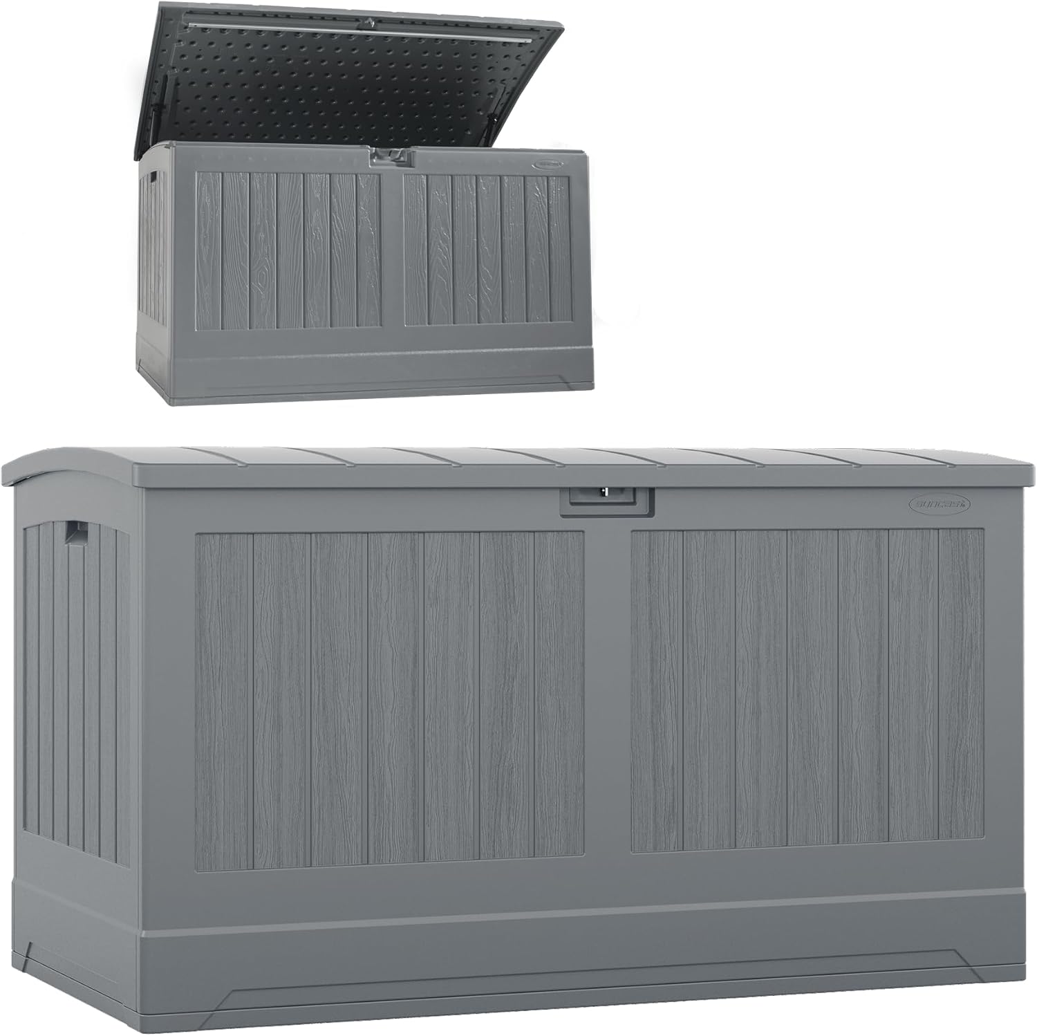Suncast 200-gal. All-Weather Patio Deck Box, Made in the USA, with Pad-Lockable Lid, Extra-Large Outdoor Storage Unit for Patio Furniture and Grill Tools, Dove Gray Color