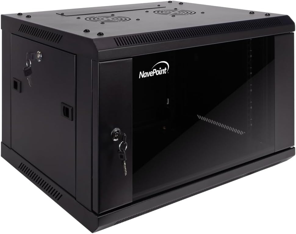 NavePoint 6U Server Cabinet Wall Mount Rack Enclosure Includes 2 Fans, Locking Glass Door, Removable Side Panels – 6U Network Cabinet 17.7” Deep, 19 Inch Server Rack for IT and A/V Equipment