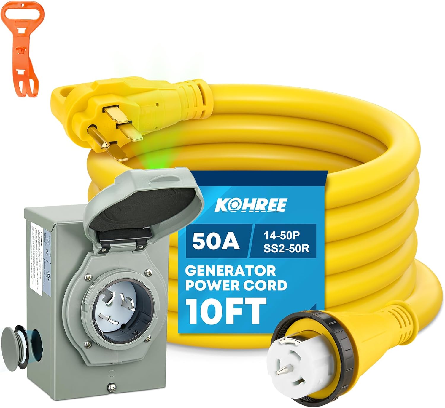 Kohree 50 Amp Generator Cord and Power Inlet Box, 10FT NEMA 14-50P to SS2-50R Twist Locking Generator Extension Cord for Generator to House, 125/250V 50Amp Pre-drilled Generator Inlet Box, ETL Listed