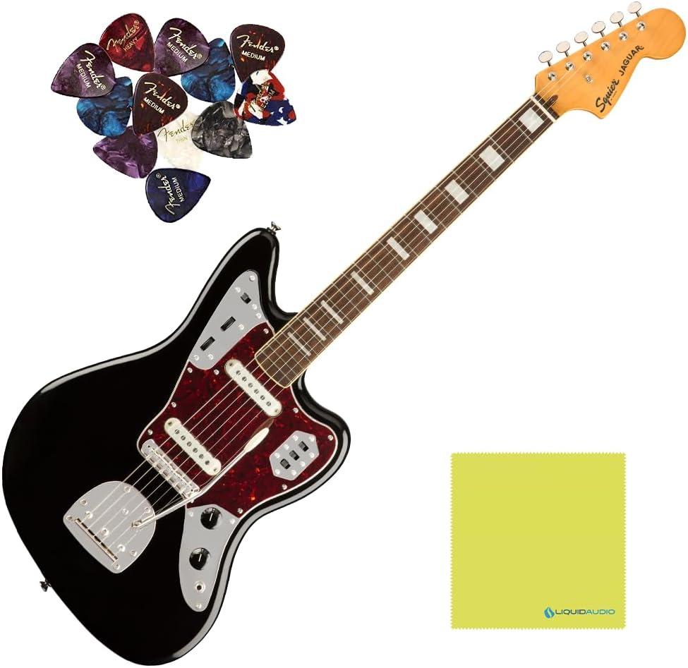 Fender Squier Classic Vibe '70s Jaguar - Indian Laurel Fingerboard, Black Bundle with Guitar Picks & Polishing Cloth