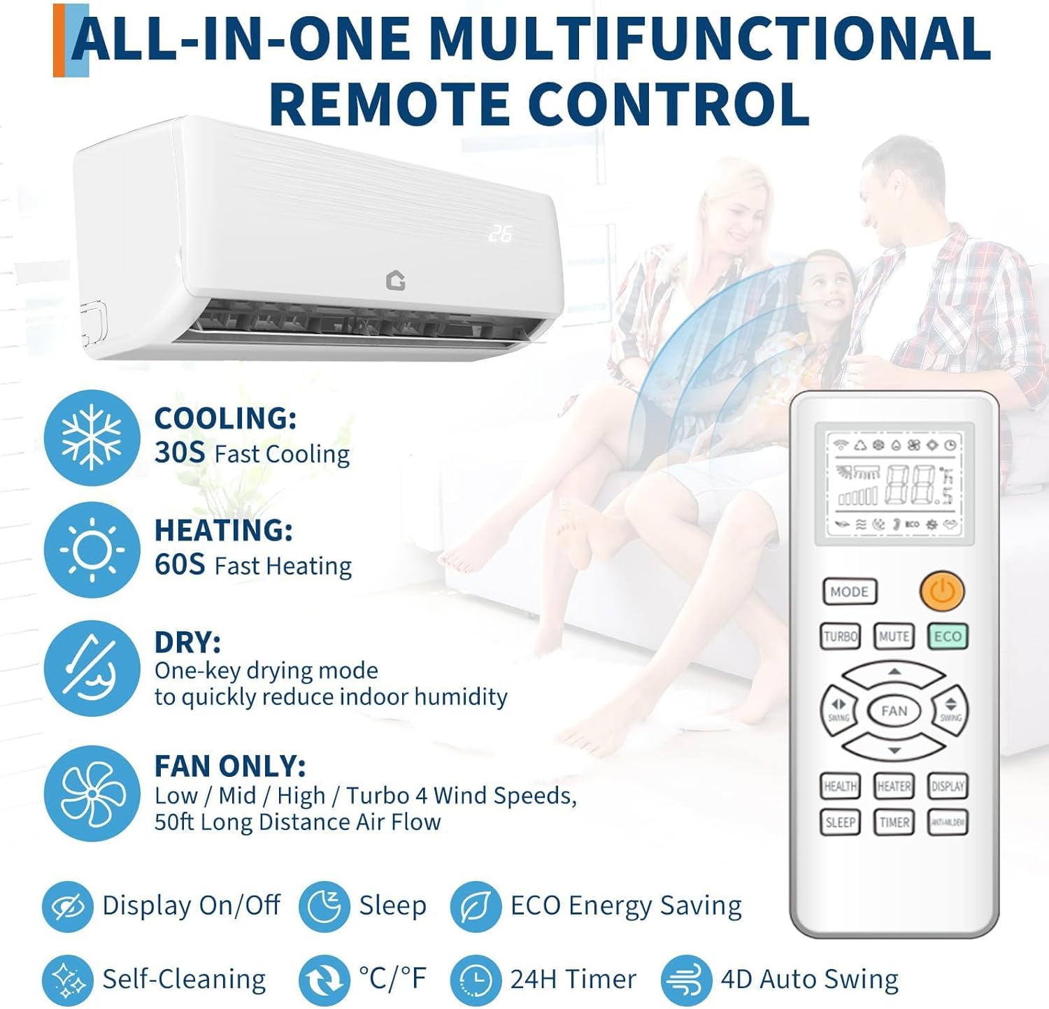 12,000 BTU Air Conditioner & Heater, Covers Room Up to 750 Sq. Ft, All-Seasonal Mini Split AC & Heater Pump w/Inverter, Timer, Sleep Mode, for Bedroom, Office, Living Room (208~230V, 19 SEER)